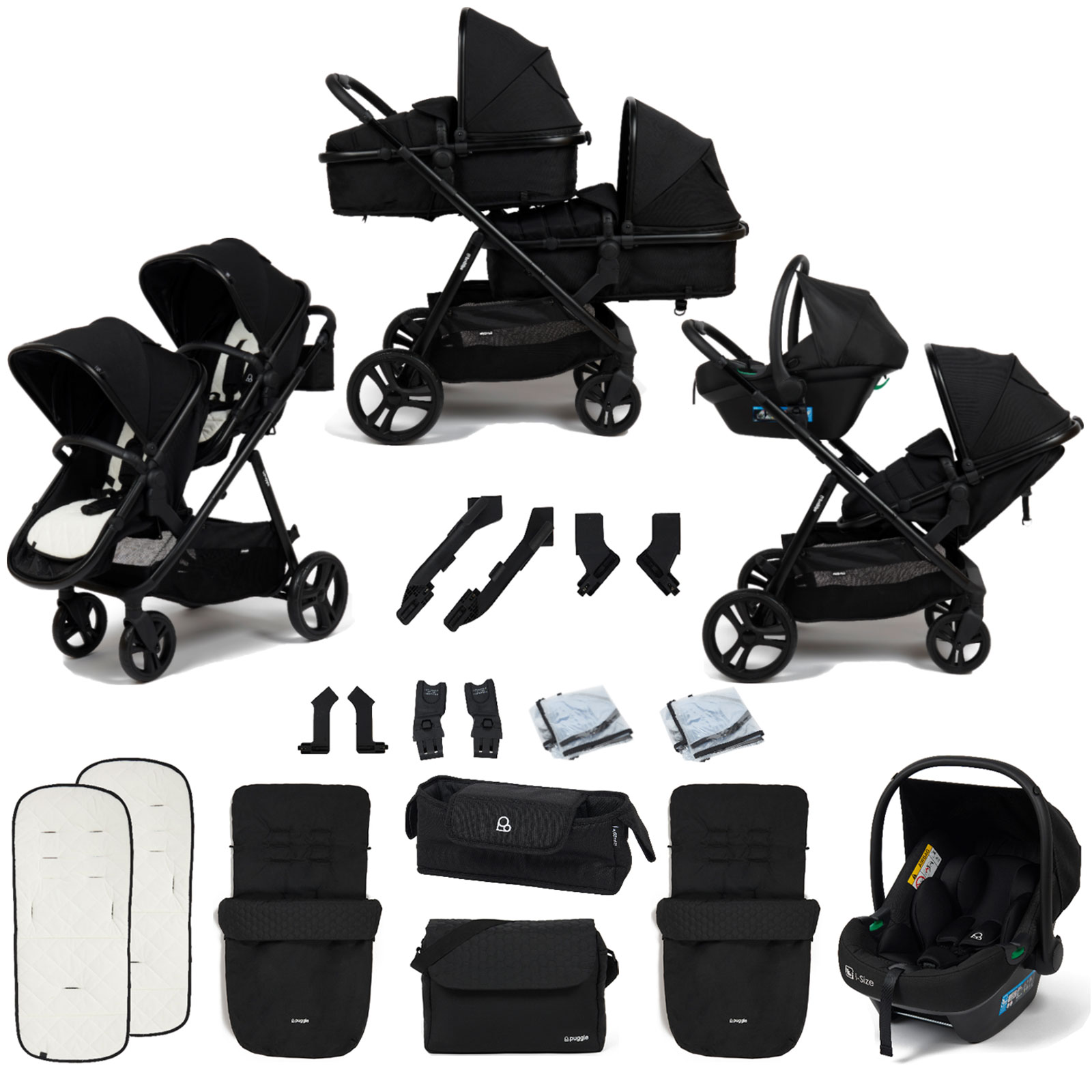 Puggle Memphis 2-in-1 Duo i-Size Double Travel System with 2 Footmuffs & Changing Bag - Midnight Black