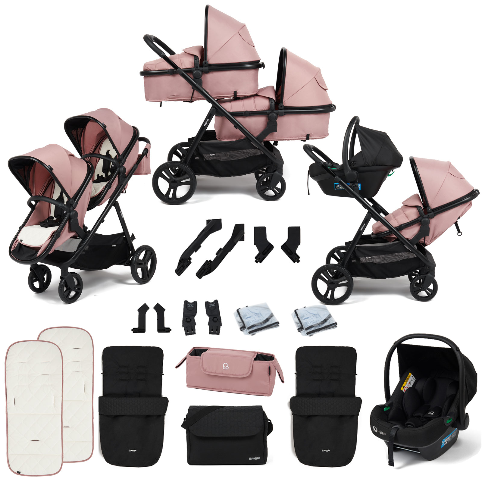 Puggle Memphis 2-in-1 Duo i-Size Double Travel System with 2 Footmuffs & Changing Bag - Dusk Pink