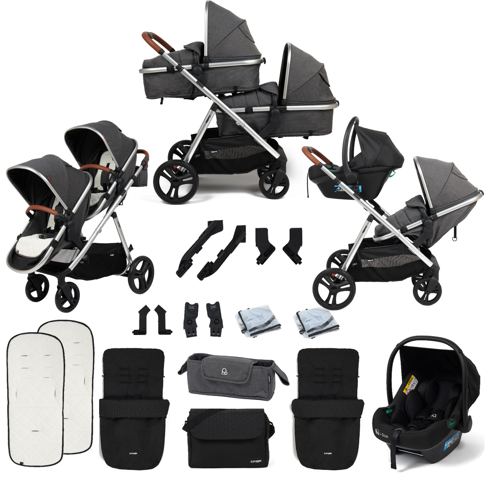 Puggle Memphis 2-in-1 Duo i-Size Double Travel System with 2 Footmuffs & Changing Bag - Platinum Grey