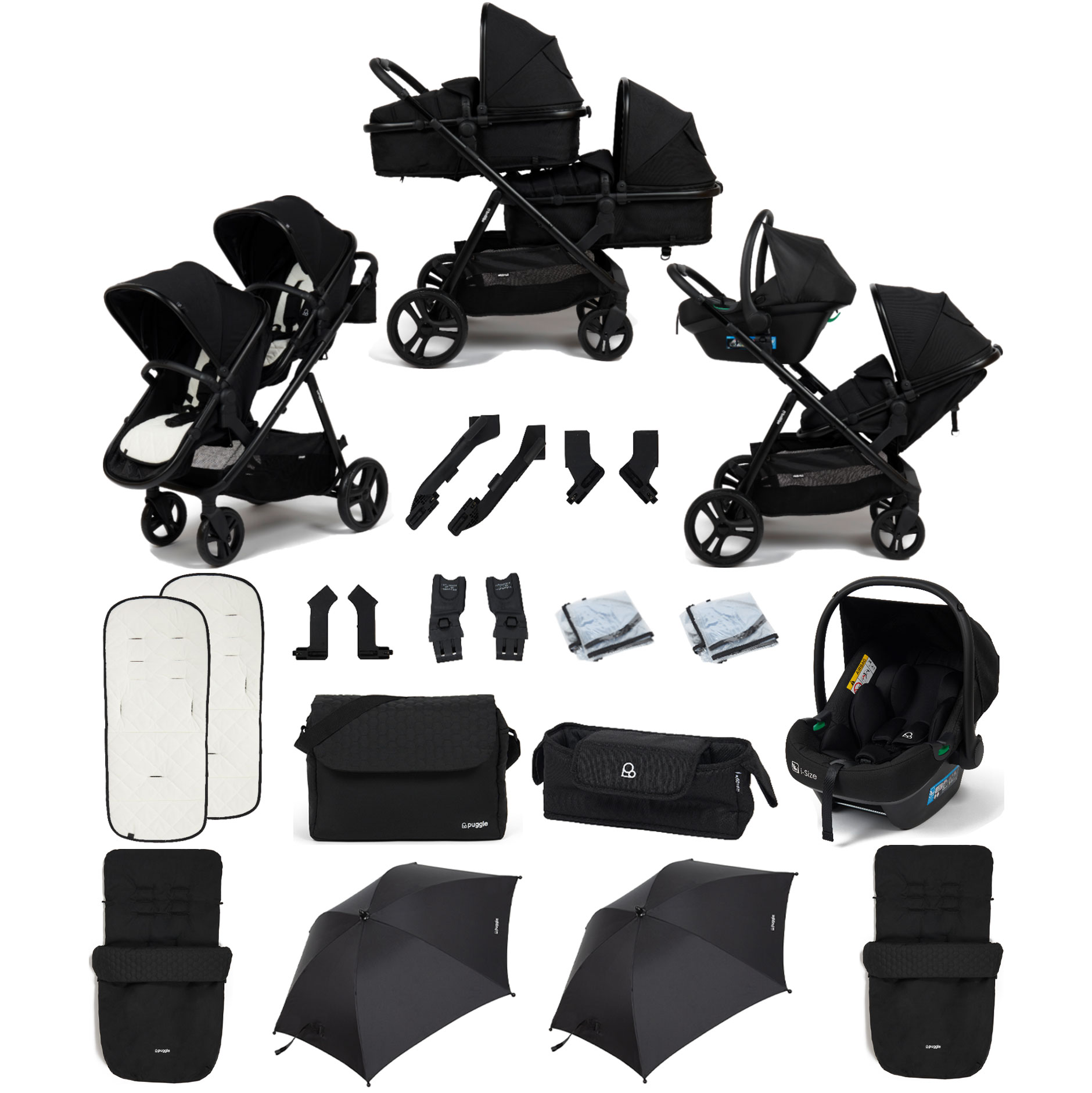 Puggle Memphis 2-in-1 Duo i-Size Double Travel System with 2 Footmuffs, Changing Bag & 2 Parasols - Midnight Black