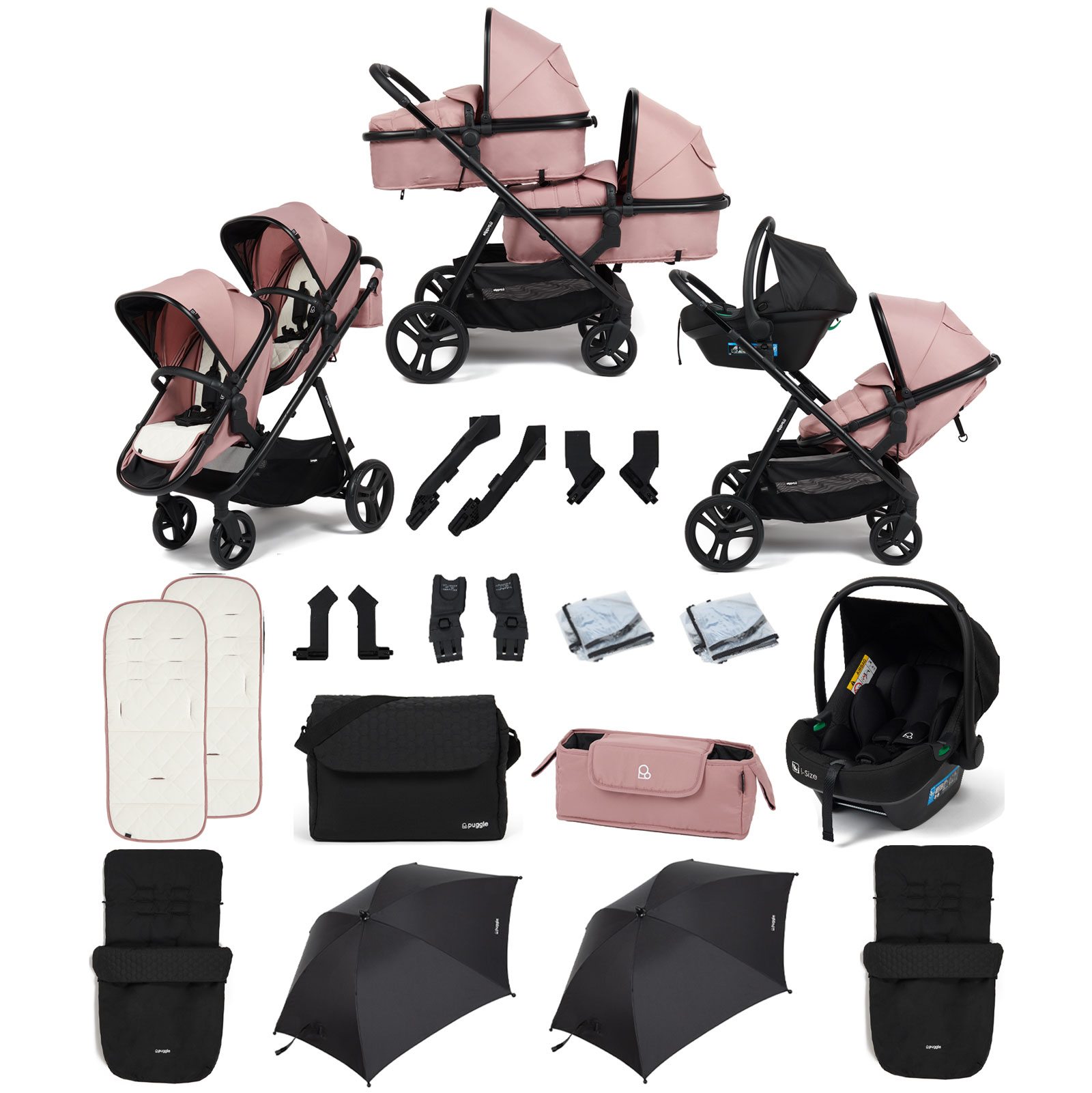 Puggle Memphis 2-in-1 Duo i-Size Double Travel System with 2 Footmuffs, Changing Bag & 2 Parasols - Dusk Pink