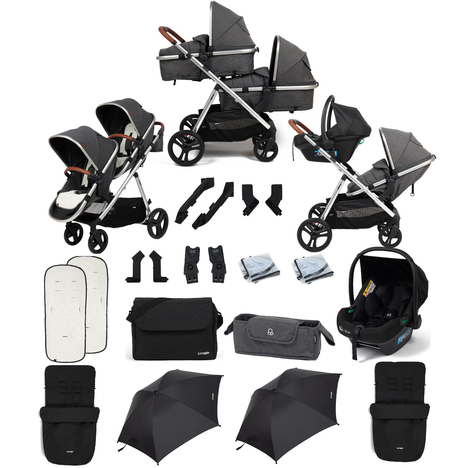 Puggle Memphis 2-in-1 Duo i-Size Double Travel System with 2 Footmuffs, Changing Bag & 2 Parasols - Platinum Grey