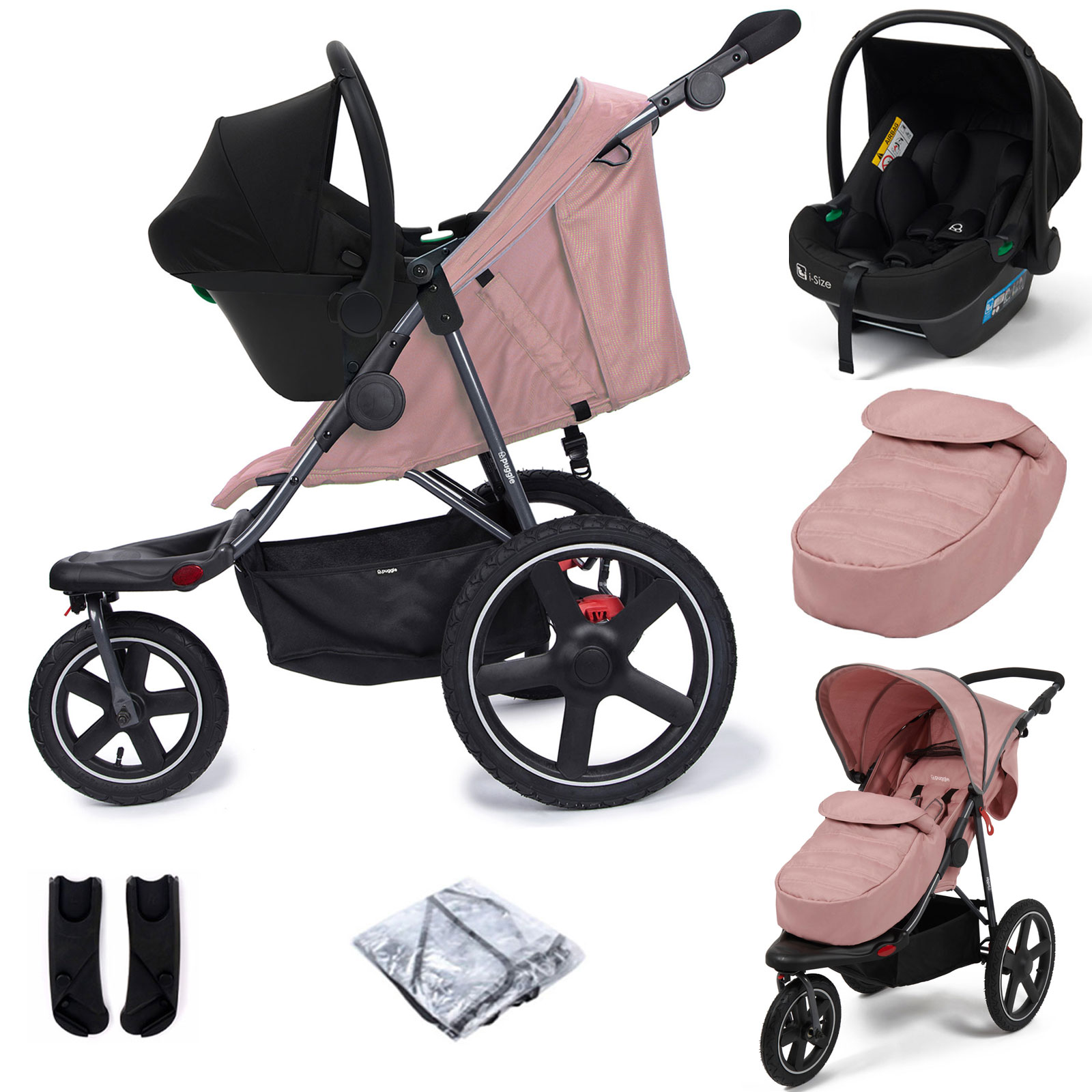 Puggle Urban Terrain Sprint GT Travel System, Adapters & Safe Fit i-Size Car Seat - Dusk Pink