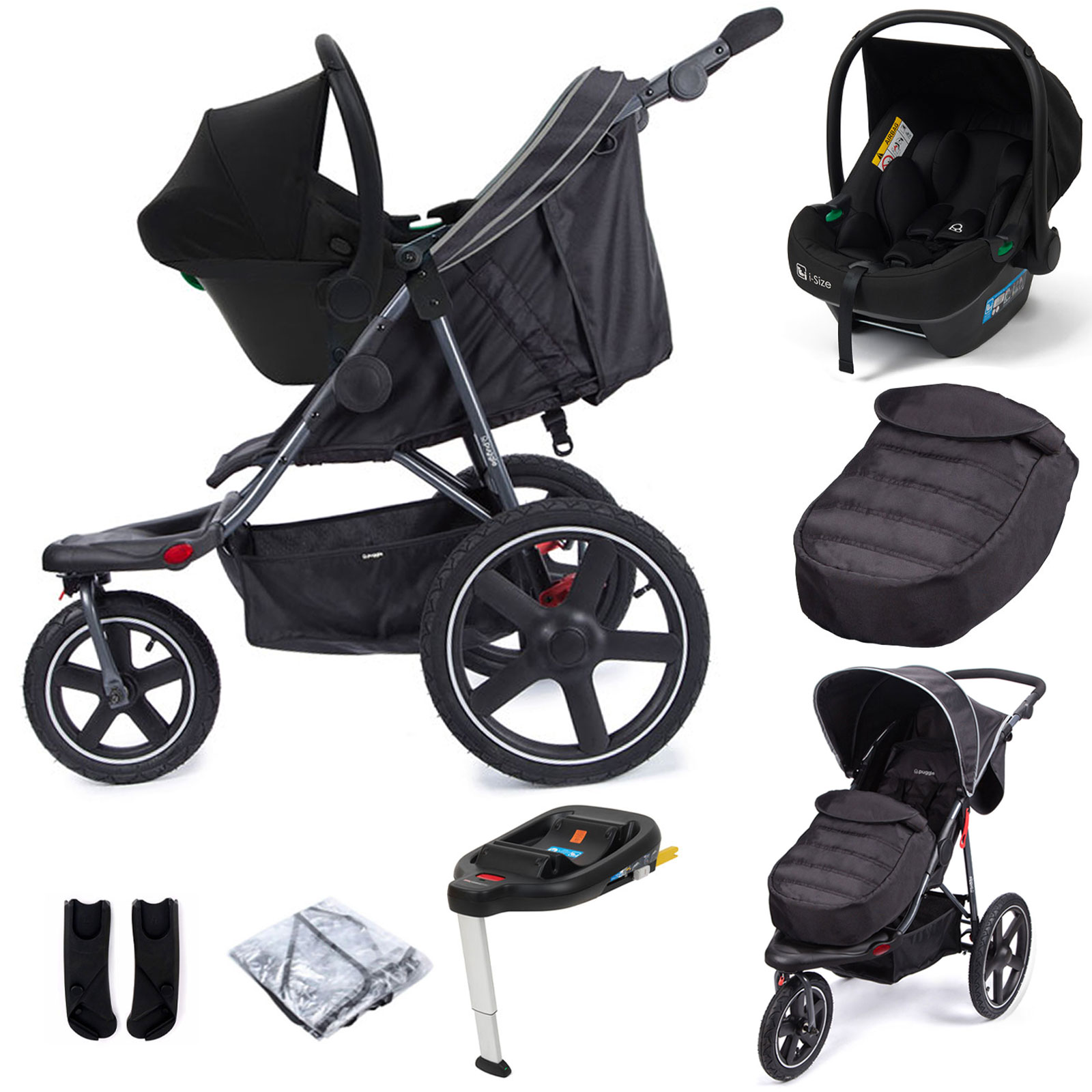 Puggle Urban Terrain Sprint GT Travel System, Adapters, Safe Fit i-Size Car Seat & ISOFIX Base - Storm Black
