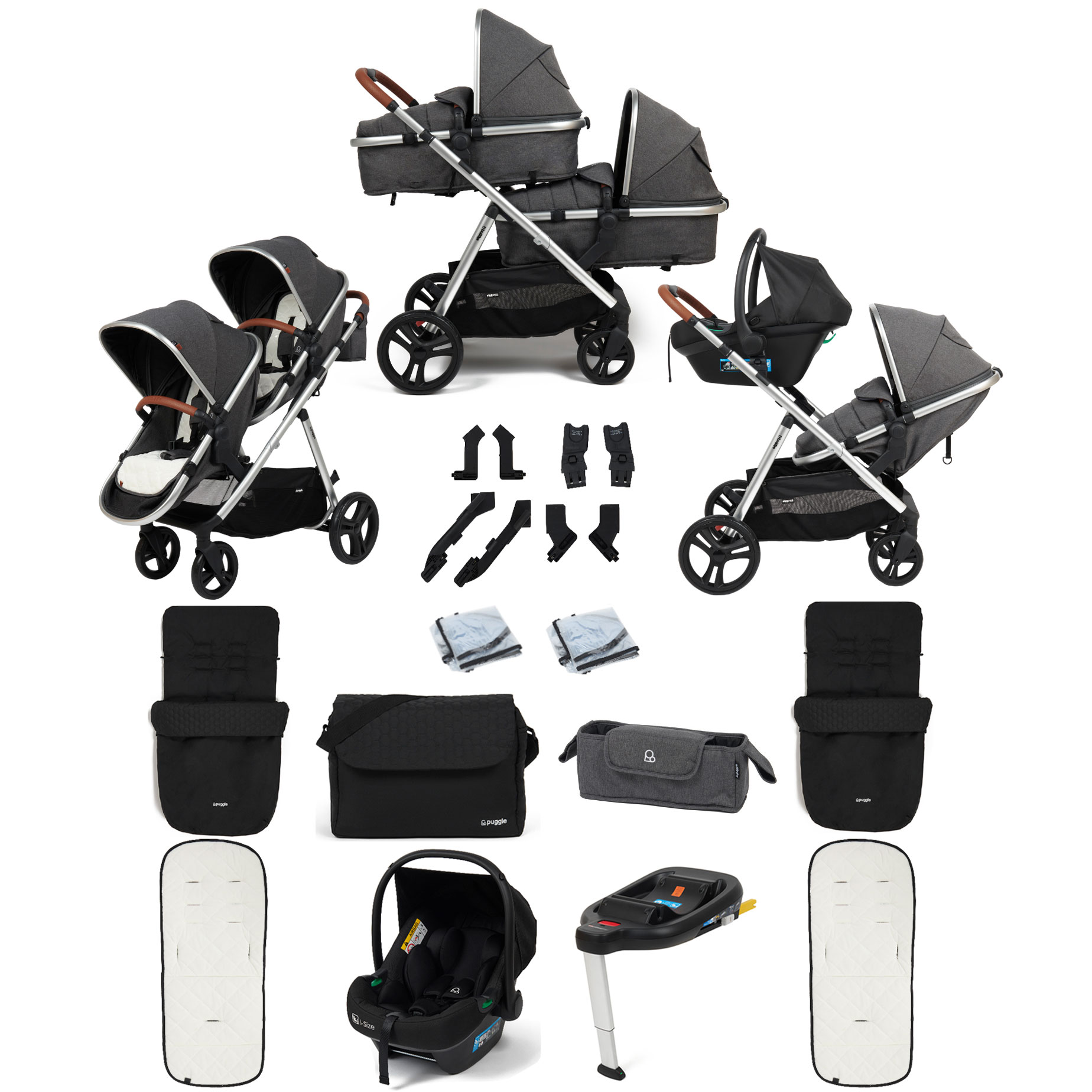 Puggle Memphis 2-in-1 Duo i-Size Double Travel System with 2 Footmuffs, Changing Bag & Car Seat - Platinum Grey