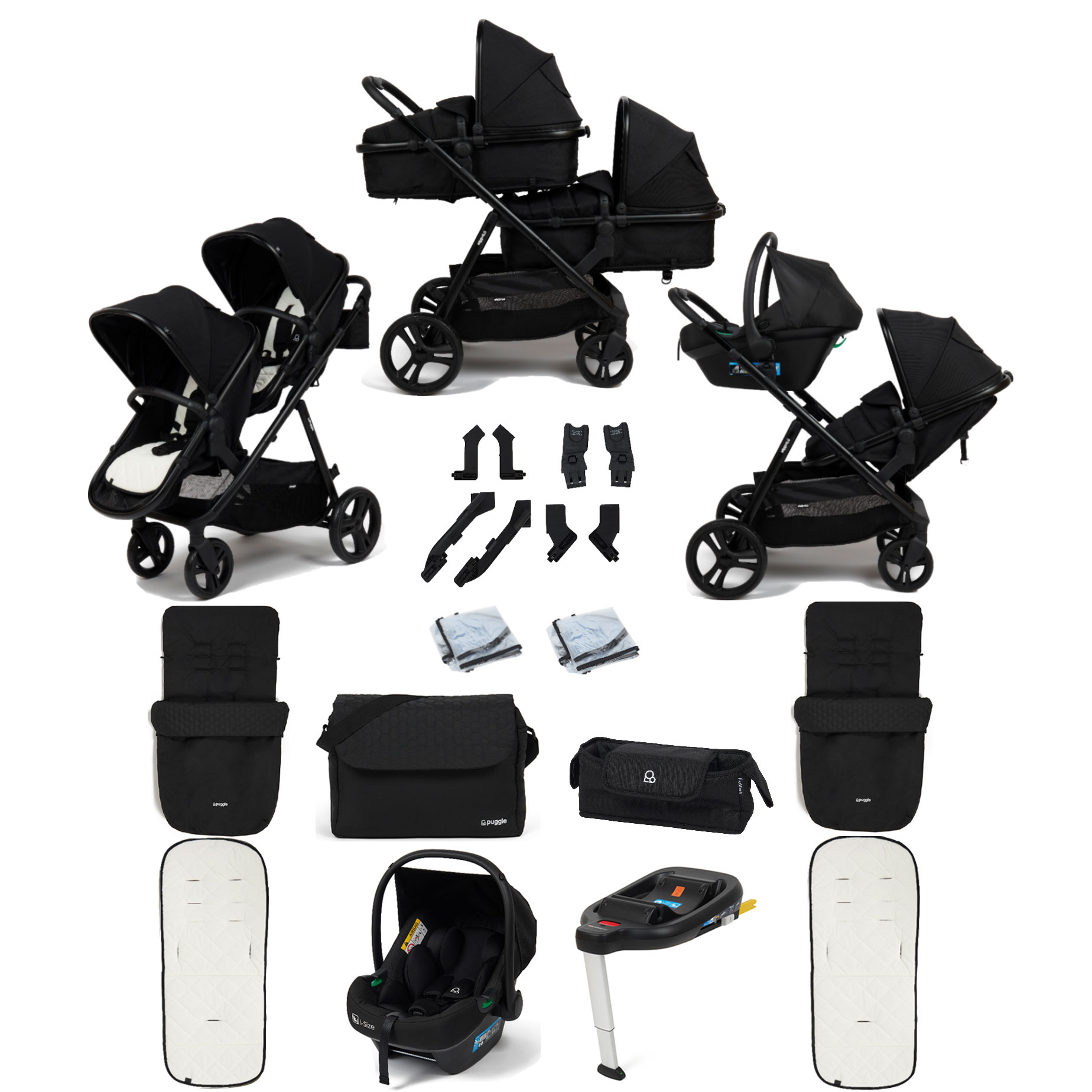 Puggle Memphis 2-in-1 Duo i-Size Double Travel System with 2 Footmuffs, Changing Bag & Car Seat - Midnight Black