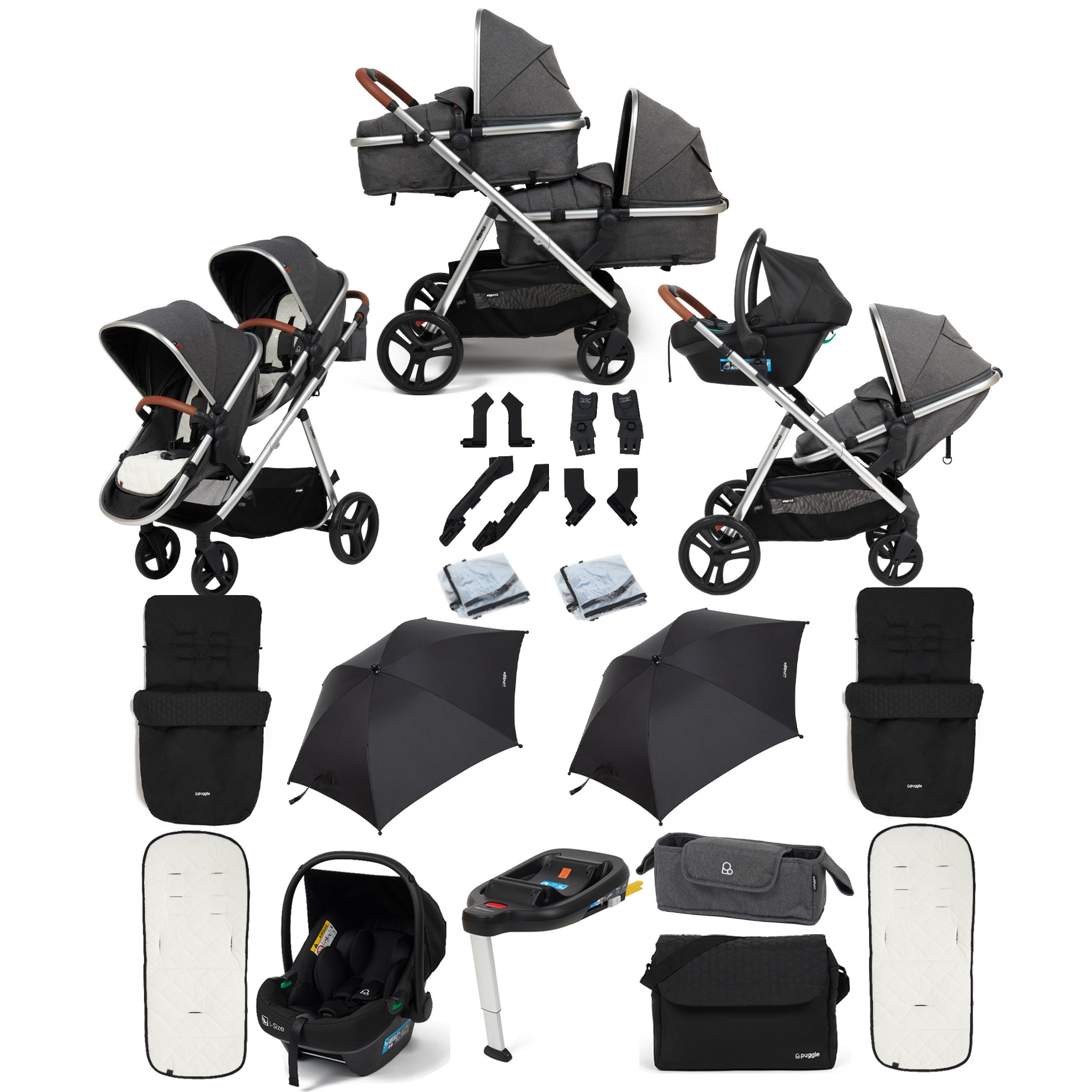Puggle Memphis 2-in-1 Duo i-Size Double Travel System with 2 Footmuffs, Changing Bag, 2 Parasols & i-Size Car Seat with Base - Platinum Grey