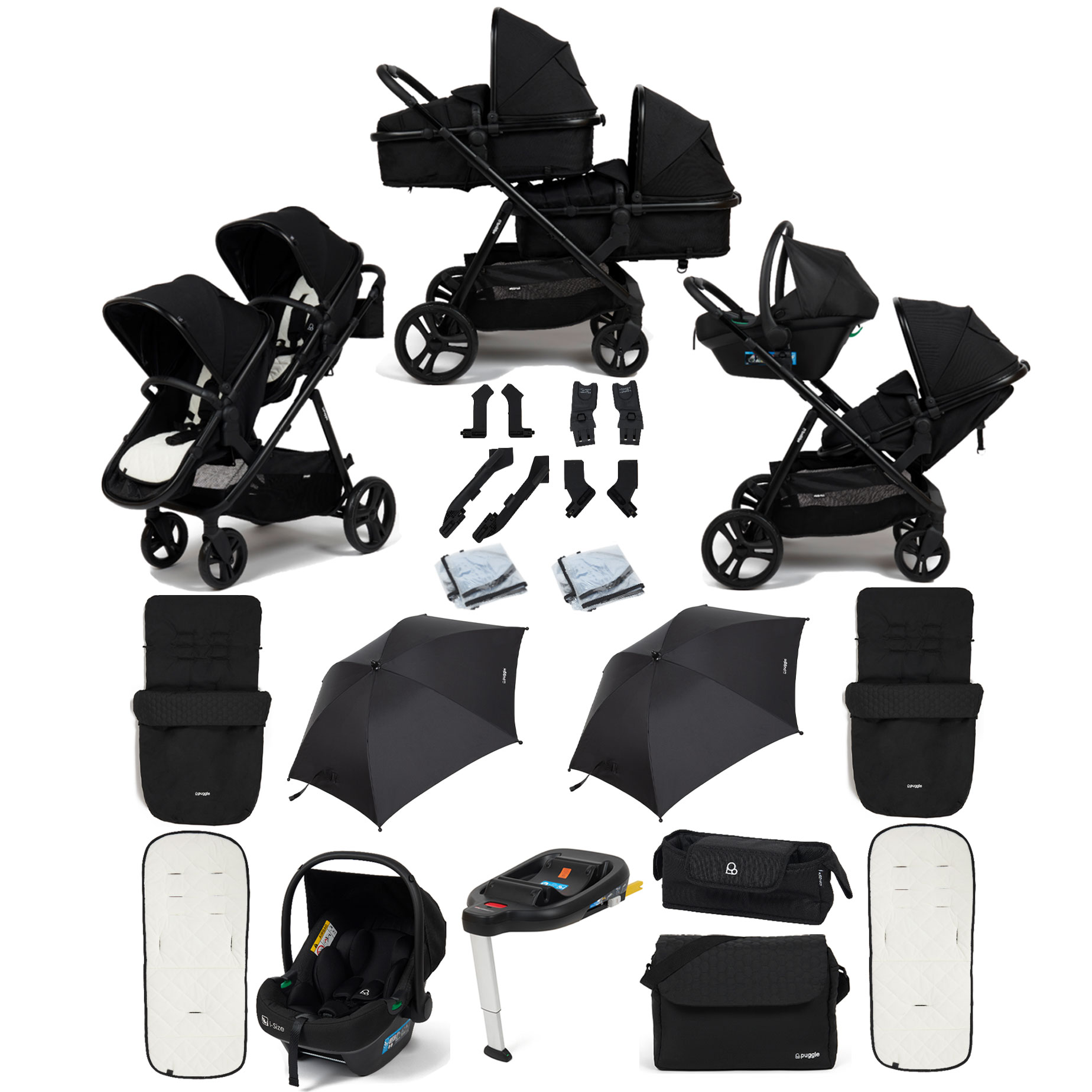 Puggle Memphis 2-in-1 Duo i-Size Double Travel System with 2 Footmuffs, Changing Bag, 2 Parasols & i-Size Car Seat with Base - Midnight Black