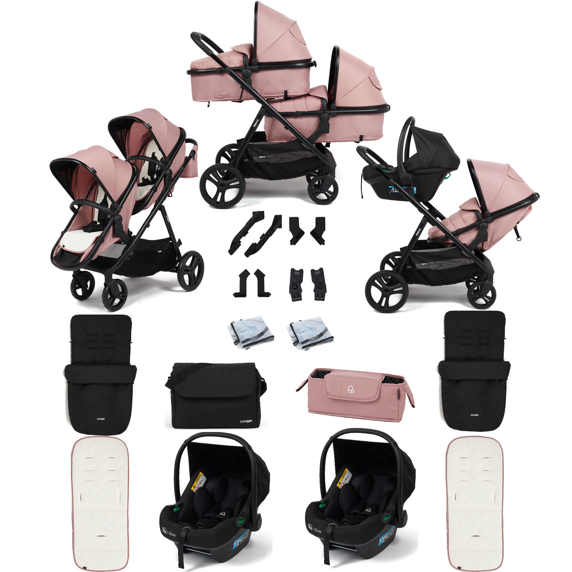 Puggle Memphis 2-in-1 Duo i-Size Double Travel System with 2 Memphis i-Size Car Seats, 2 Footmuffs & Changing Bag - Dusk Pink