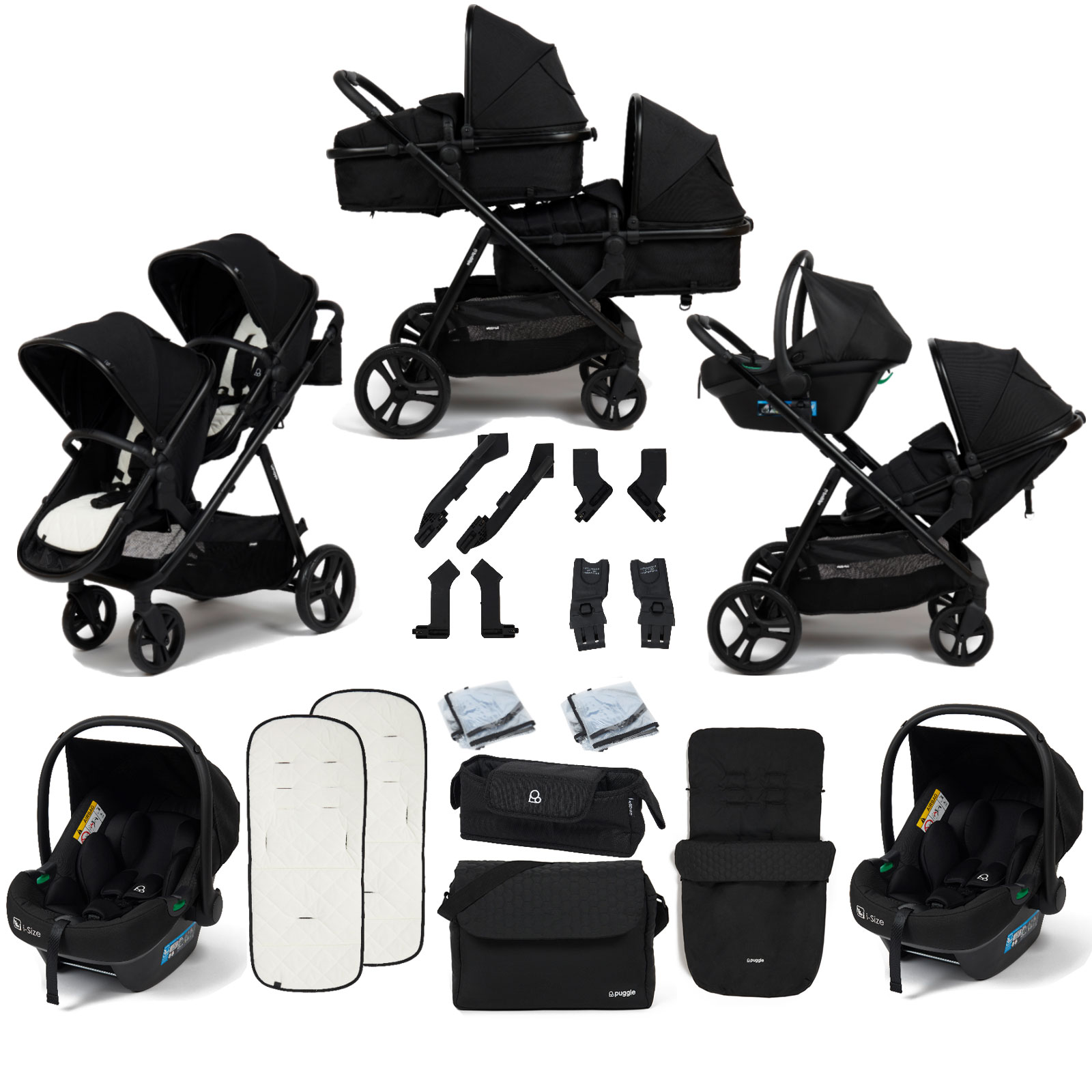 Puggle Memphis 2-in-1 Duo i-Size Double Travel System with 2 Memphis i-Size Car Seats, Footmuff & Bag - Midnight Black