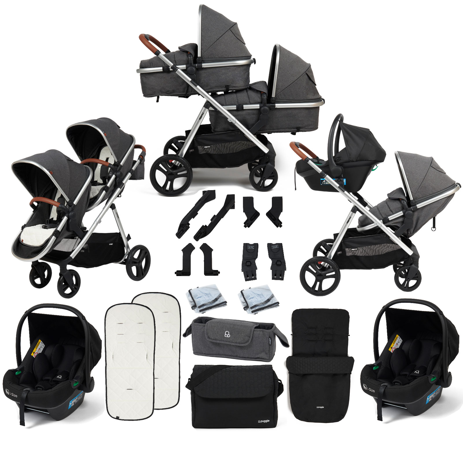 Puggle Memphis 2-in-1 Duo i-Size Double Travel System with 2 Memphis i-Size Car Seats, Footmuff & Bag - Platinum Grey