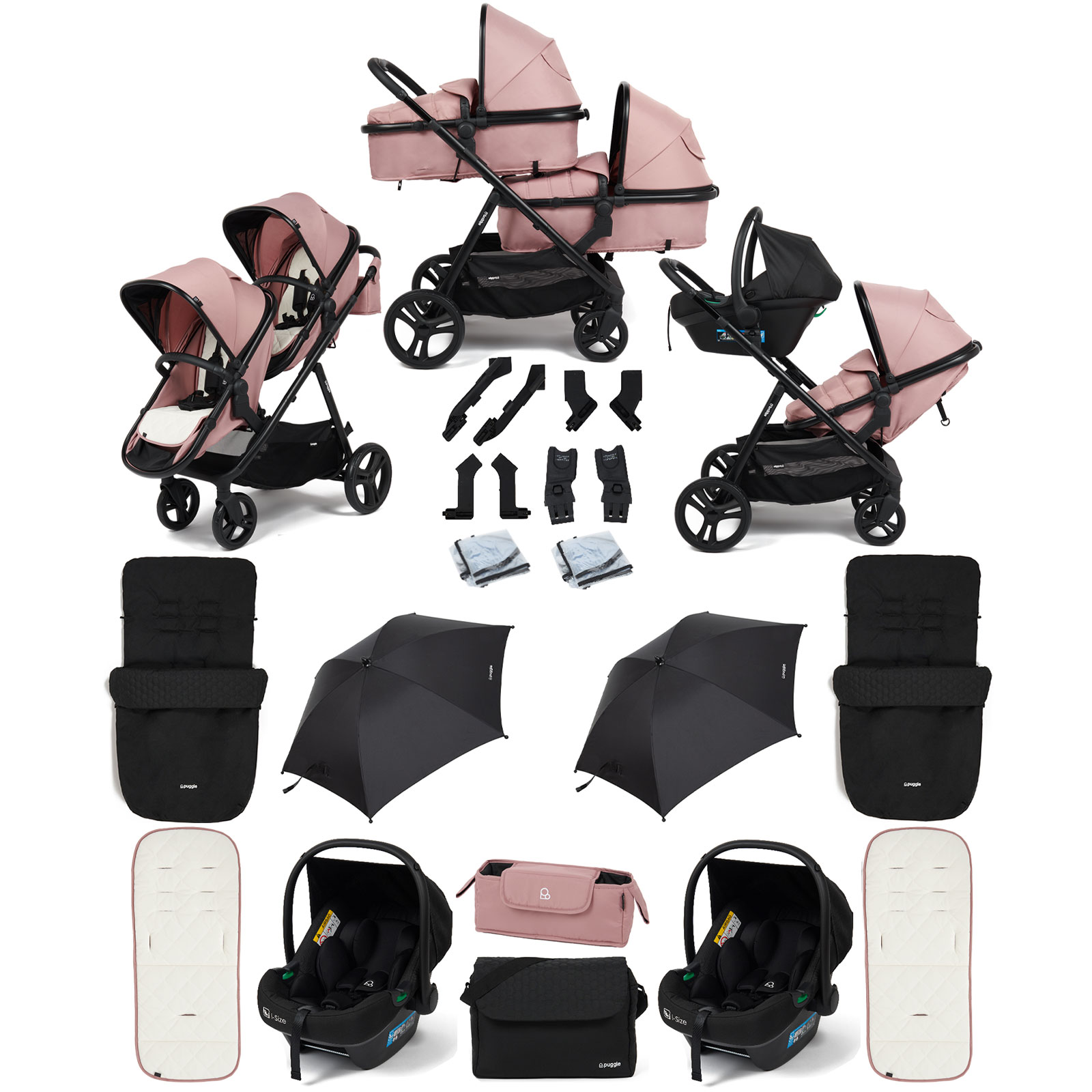 Puggle Memphis 2-in-1 Duo Double Travel System with 2 i-Size Car Seats, 2 Footmuffs, 2 Parasols, and Changing Bag - Dusk Pink