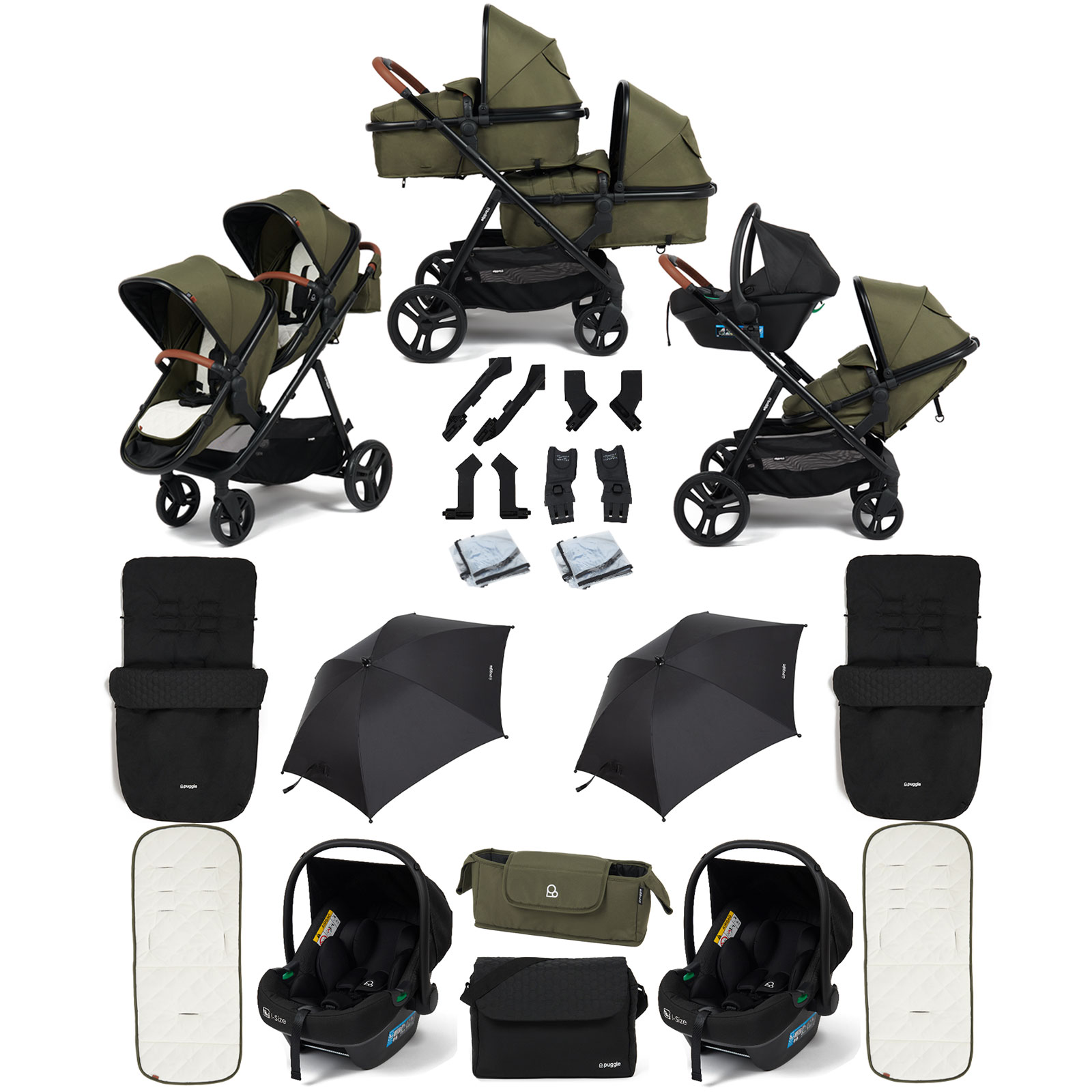 Puggle Memphis 2-in-1 Duo Double Travel System with 2 i-Size Car Seats, 2 Footmuffs, 2 Parasols, and Changing Bag - Forest Green