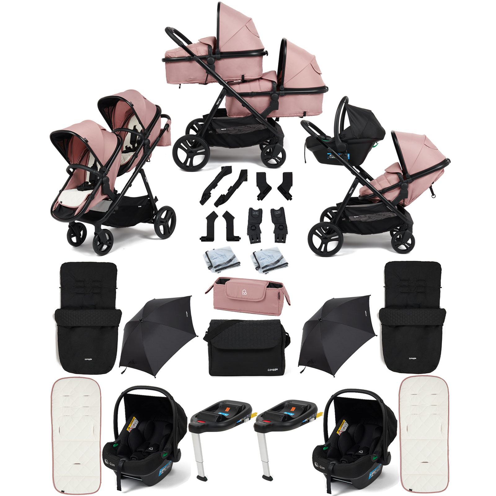 Puggle Memphis 2-in-1 Duo Double Travel System with 2 i-Size Car Seats, 2 ISOFIX Bases, 2 Footmuffs, 2 Parasols, and Changing Bag - Dusk Pink