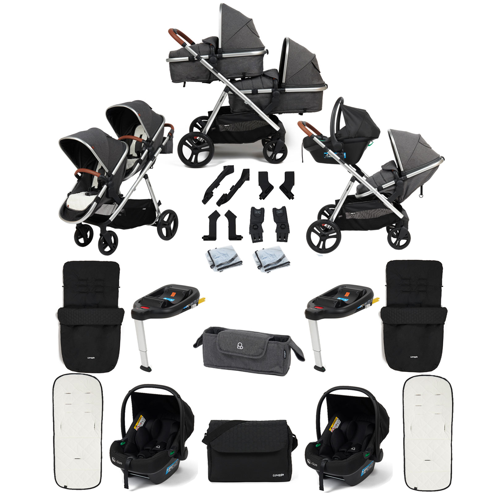 Puggle Memphis 2-in-1 Duo Double Travel System with 2 i-Size Car Seats, 2 ISOFIX Bases, 2 Footmuffs and Changing Bag - Platinum Grey