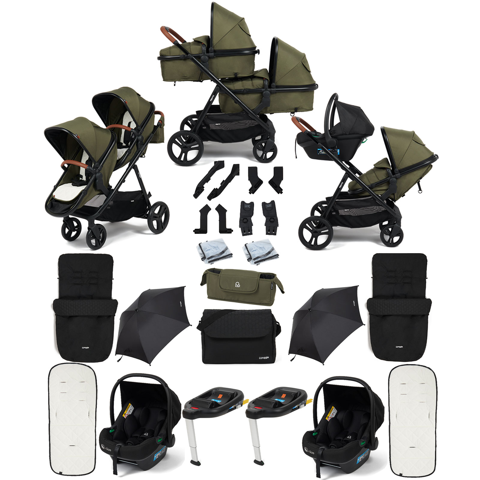 Puggle Memphis 2-in-1 Duo Double Travel System with 2 i-Size Car Seats, 2 ISOFIX Bases, 2 Footmuffs, 2 Parasols, and Changing Bag - Forest Green