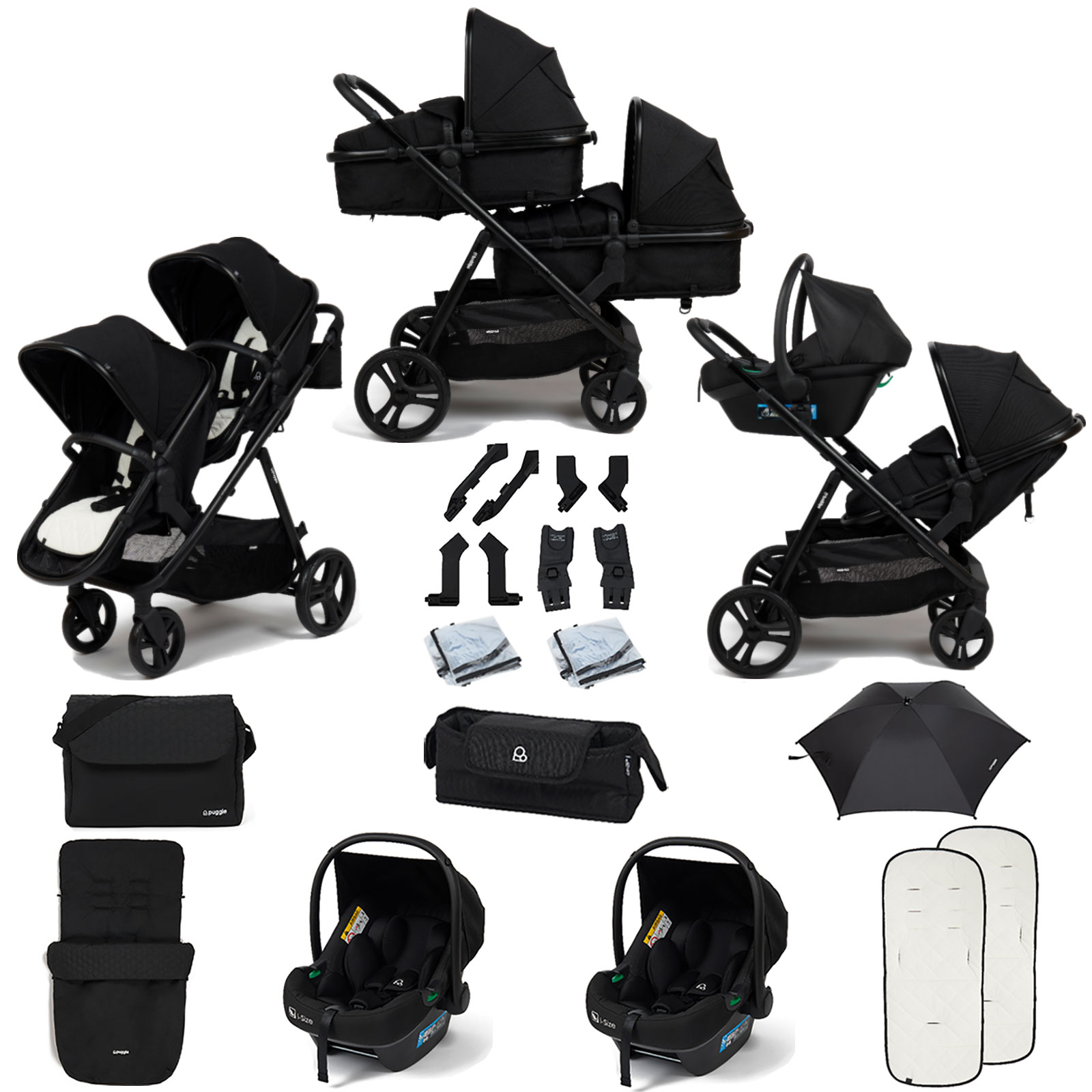 Puggle Memphis 2-in-1 Duo i-Size Double Travel System with 2 i-Size Car Seats, Footmuff, Changing Bag & Parasol - Midnight Black