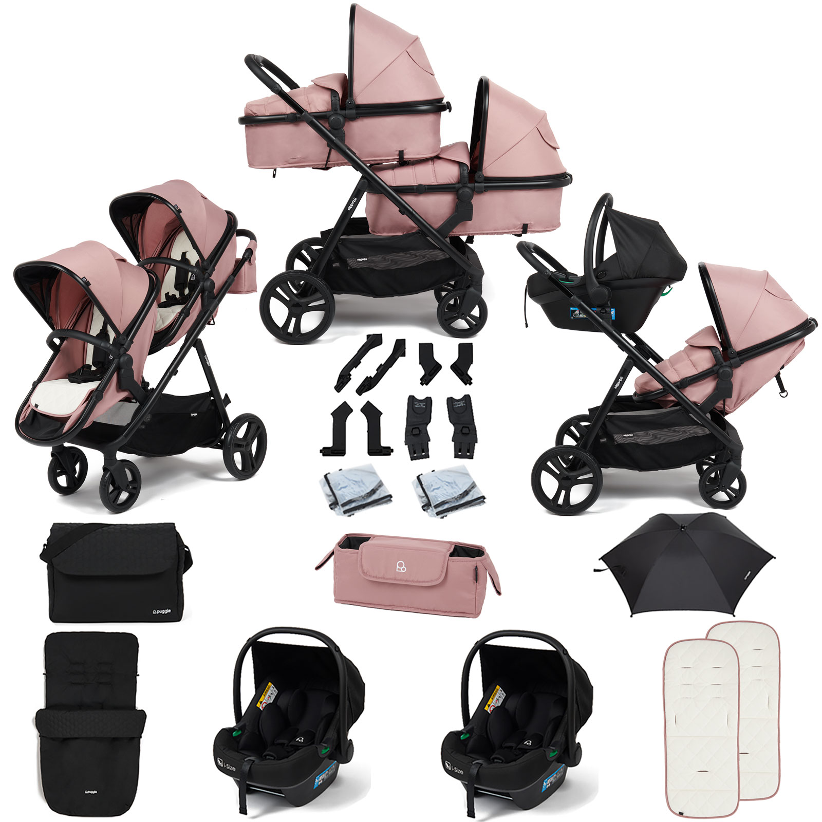 Puggle Memphis 2-in-1 Duo i-Size Double Travel System with 2 i-Size Car Seats, Footmuff, Changing Bag & Parasol - Dusk Pink