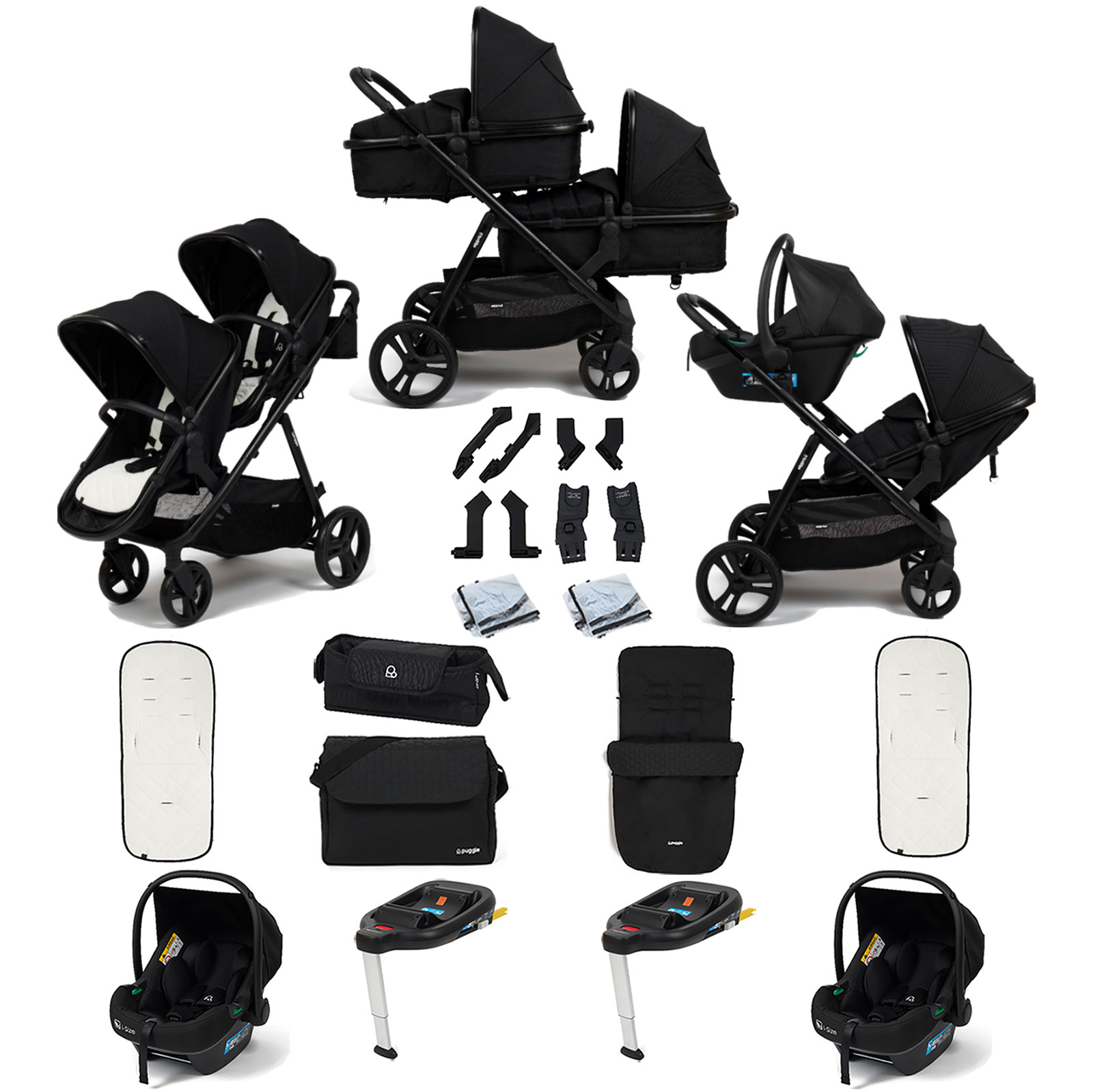 Puggle Memphis 2-in-1 Duo Double Travel System with 2 i-Size Car Seats, 2 ISOFIX Bases, Footmuff and Changing Bag - Midnight Black