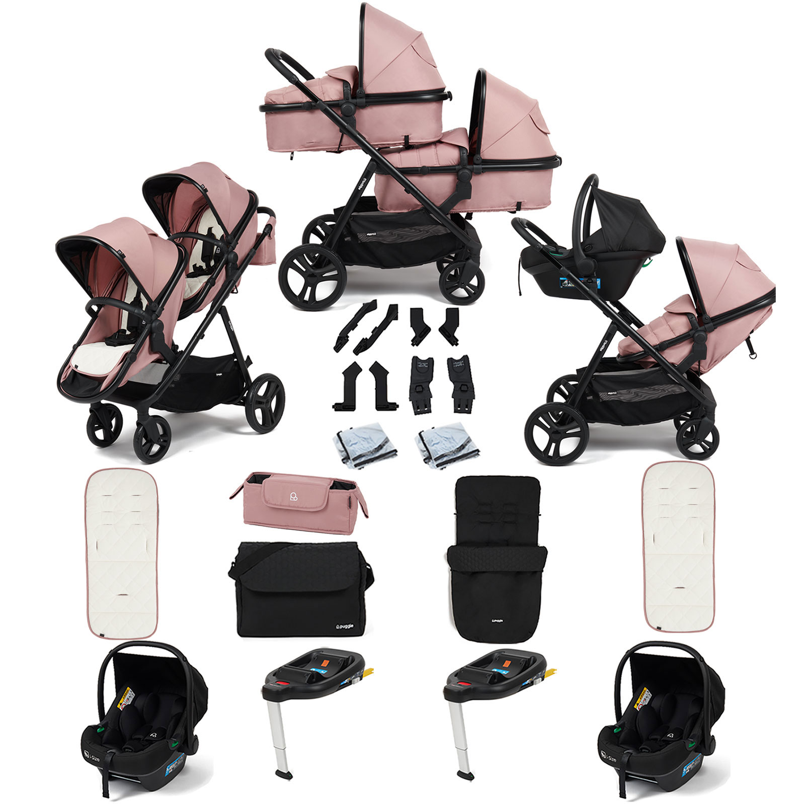 Puggle Memphis 2-in-1 Duo Double Travel System with 2 i-Size Car Seats, 2 ISOFIX Bases, Footmuff and Changing Bag - Dusk Pink
