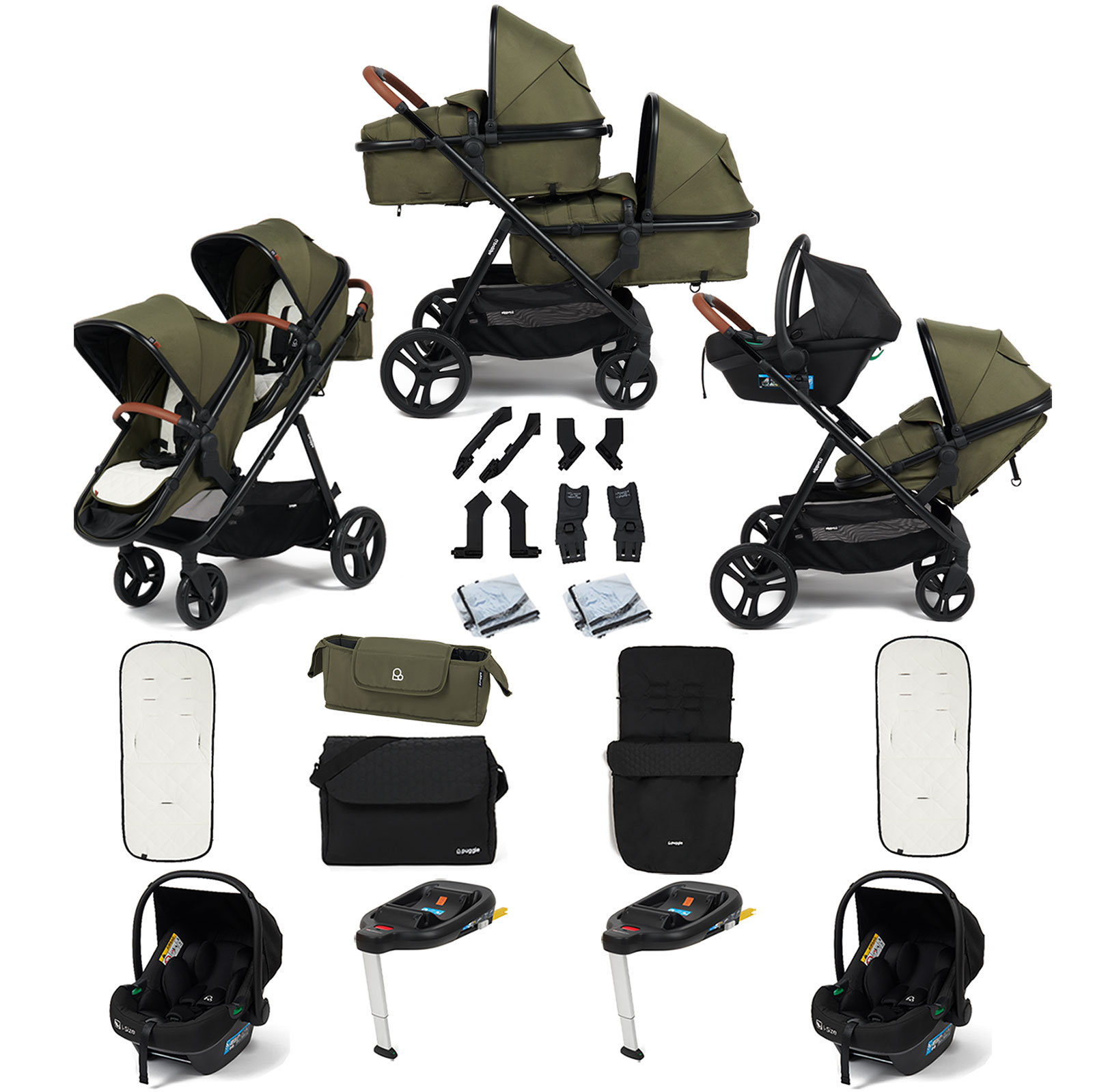 Puggle Memphis 2-in-1 Duo Double Travel System with 2 i-Size Car Seats, 2 ISOFIX Bases, Footmuff and Changing Bag - Forest Green