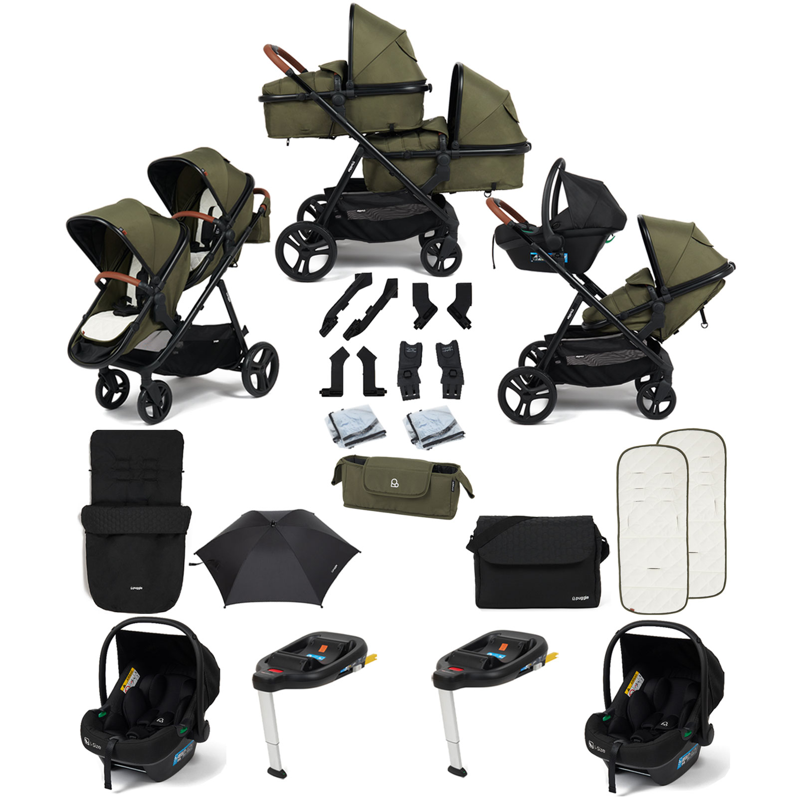 Puggle Memphis 2-in-1 Duo Double Travel System with 2 i-Size Car Seats, 2 ISOFIX Bases, Footmuff, Parasol, and Changing Bag - Forest Green
