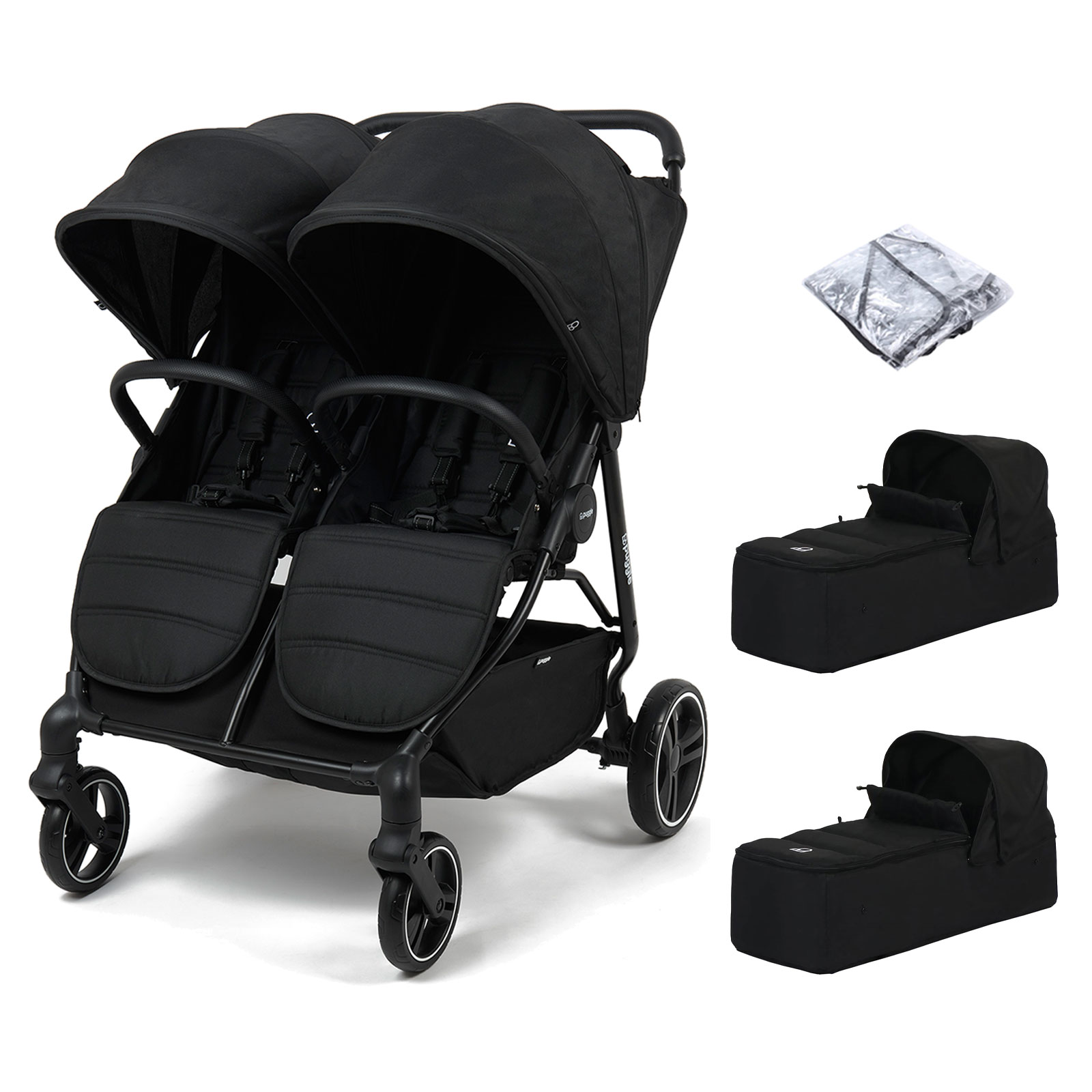 Puggle Urban City Easyfold Twin Double Pushchair With 2 Soft Carrycots - Storm Black