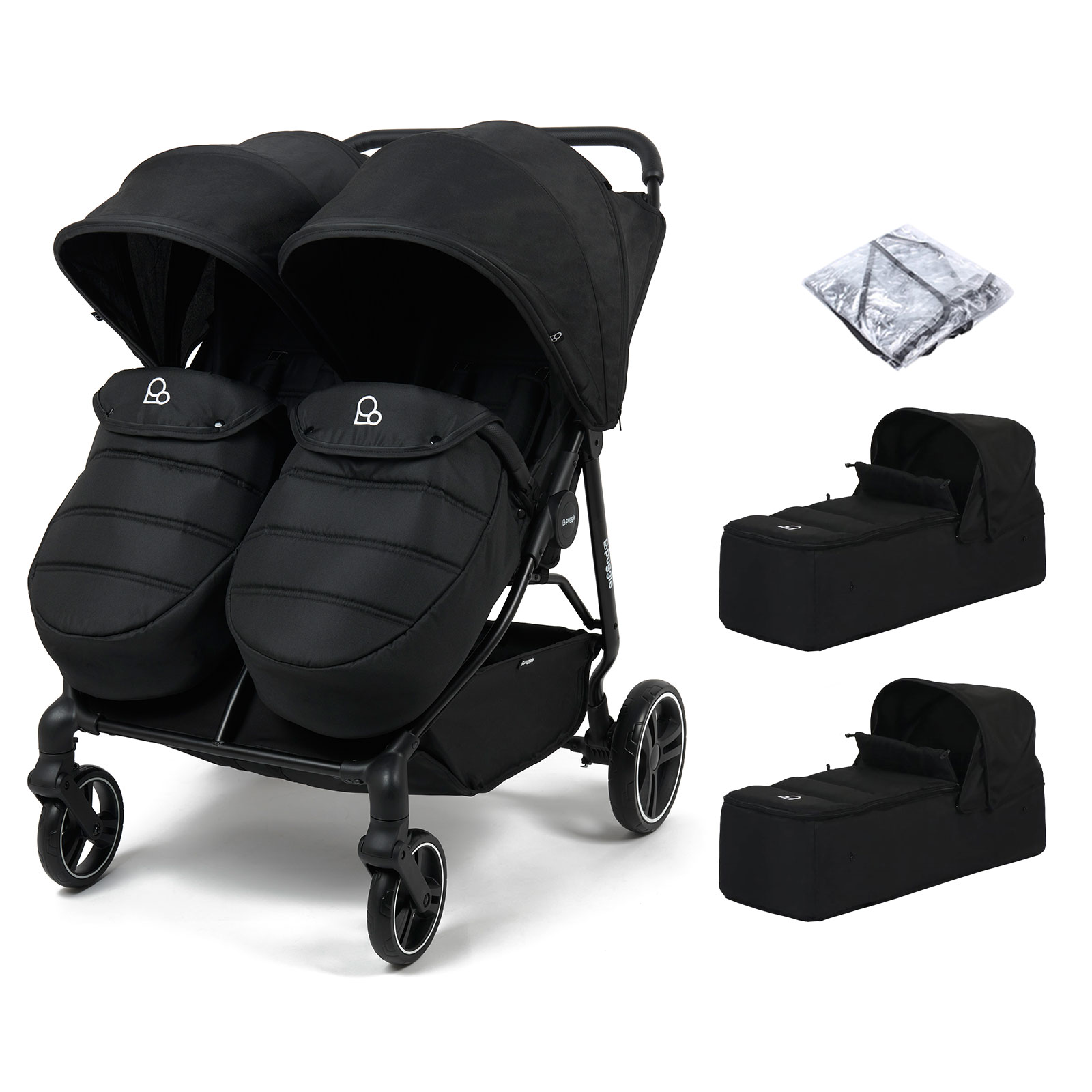 Puggle Urban City Easyfold Twin Double Pushchair with Footmuff & 2 Soft Carrycots - Storm Black