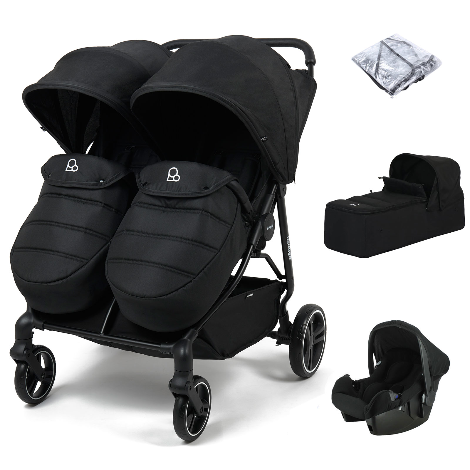 Puggle Urban City Slimline Easyfold Twin Travel System Bundle with Beone Car Seat & Soft Carrycot - Storm Black
