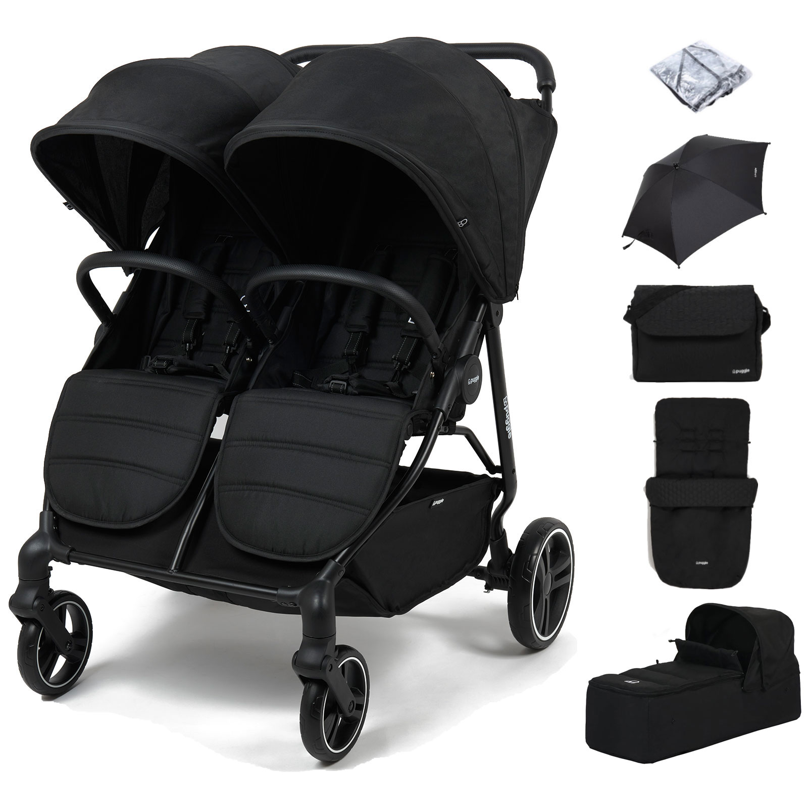 Puggle Urban City Easyfold Twin Pushchair with Carrycot, Footmuff, Parasol & Changing Bag – Storm Black