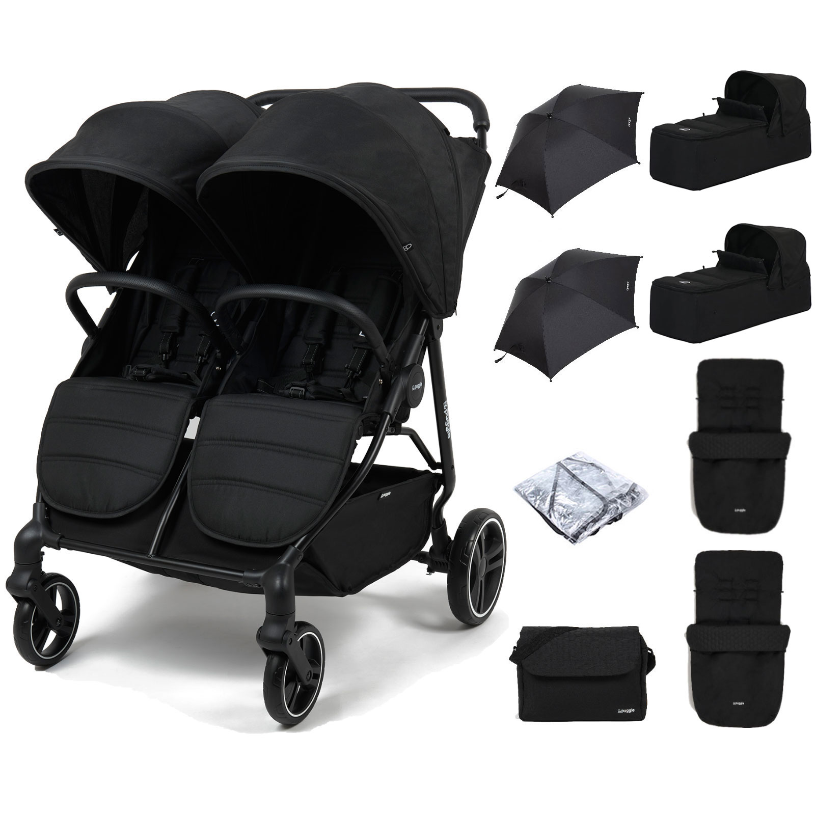 Puggle Urban City Easyfold Twin Pushchair with 2 Carrycots, 2 Footmuffs, 2 Parasols & Changing Bag – Storm Black