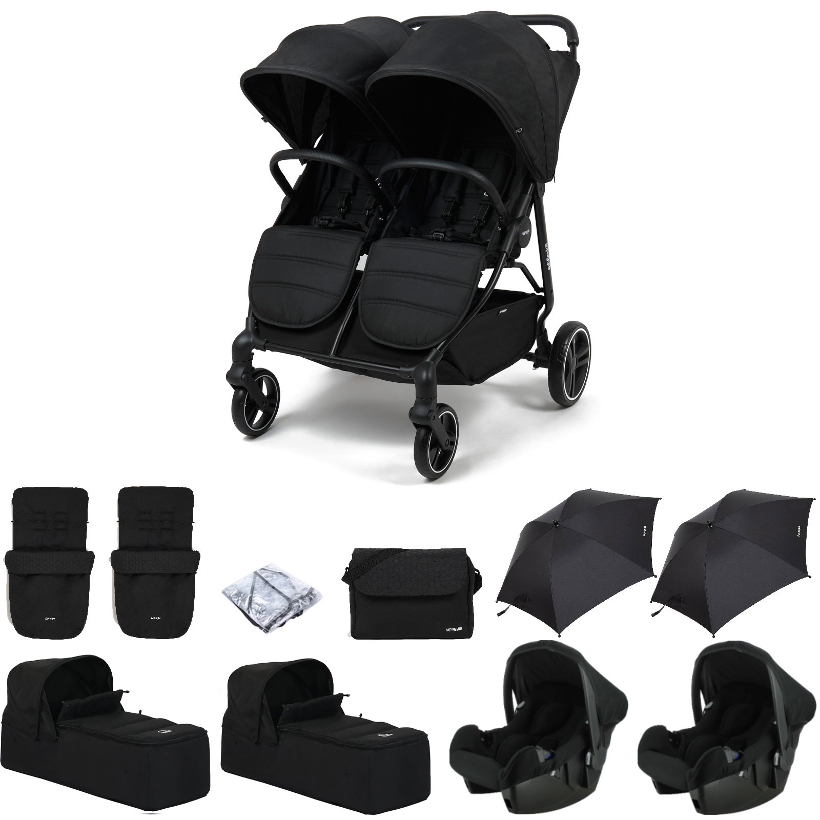 Puggle Urban City Easyfold Twin Pushchair with 2 Beone Car Seats, 2 Carrycots, 2 Footmuffs, 2 Parasols & Changing Bag – Storm Black