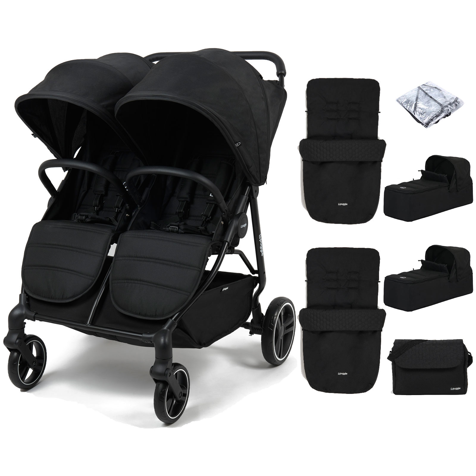 Puggle Urban City Easyfold Twin Pushchair with 2 Carrycots, 2 Footmuffs, & Changing Bag – Storm Black