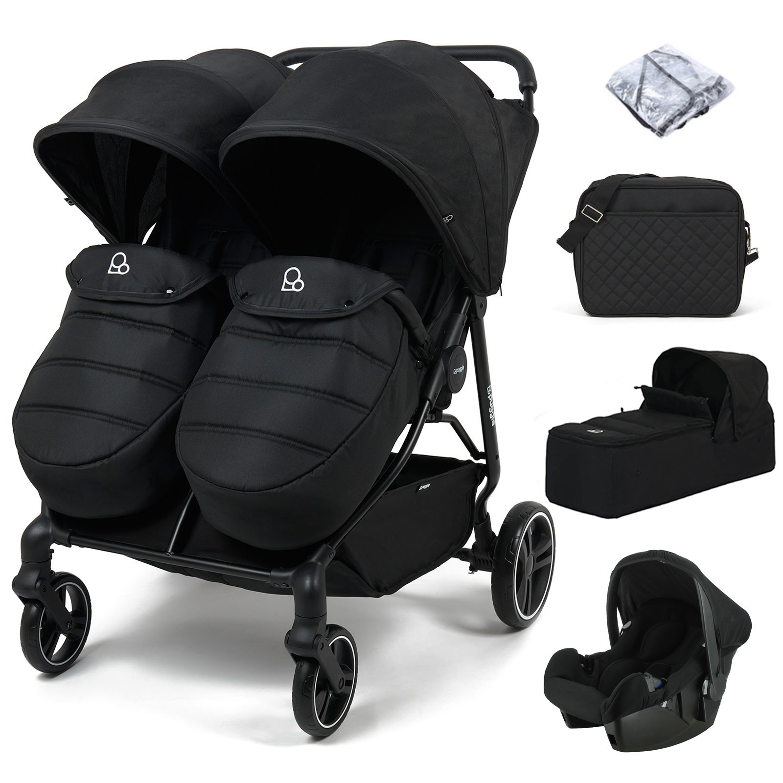 Puggle Urban City Easyfold Twin Pushchair with Footmuffs, Beone Car Seat, Soft Carrycot & Changing Bag - Storm Black