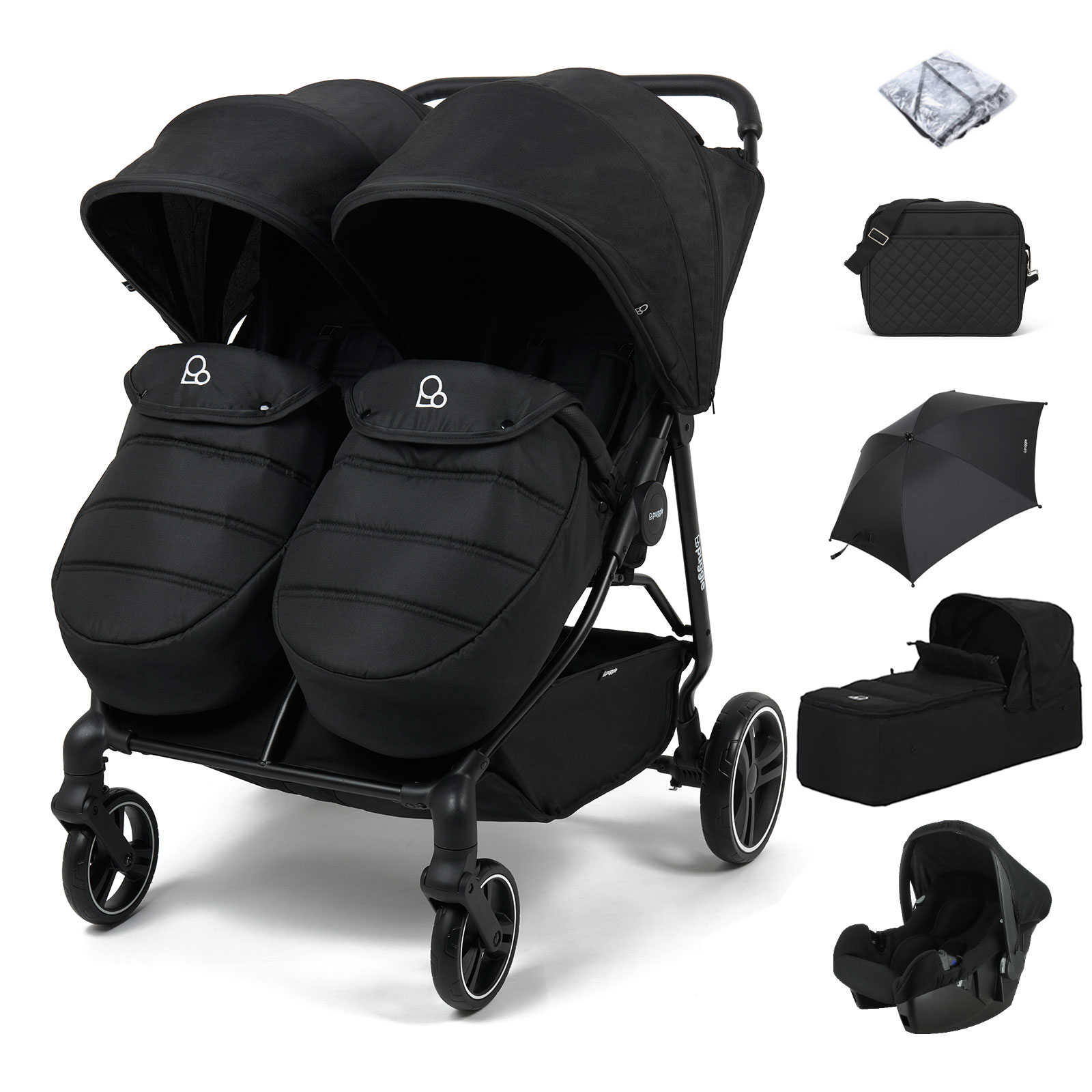 Puggle Urban City Easyfold Twin Pushchair with Footmuffs, Beone Car Seat, Soft Carrycot, Parasol & Changing Bag - Storm Black