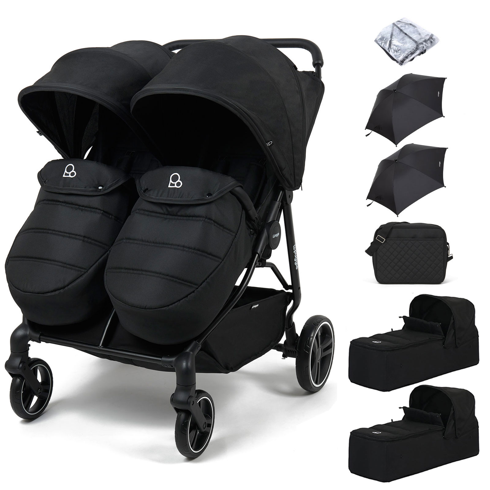 Puggle Urban City Easyfold Twin Pushchair with Footmuff, 2 Carrycots, 2 Parasols & Changing Bag - Storm Black