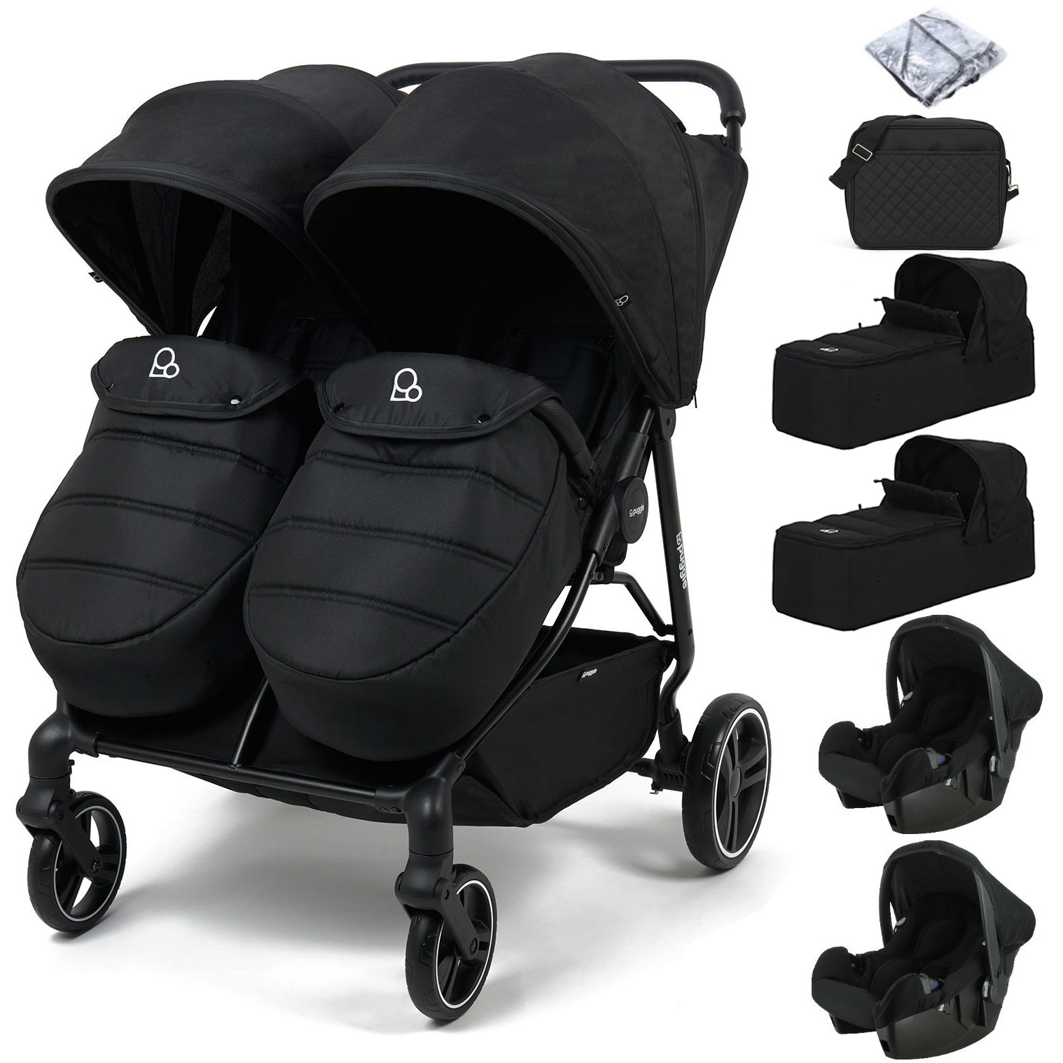 Puggle Urban City Easyfold Twin Pushchair with Footmuffs, 2 Beone Car Seats, 2 Soft Carrycots & Changing Bag - Storm Black