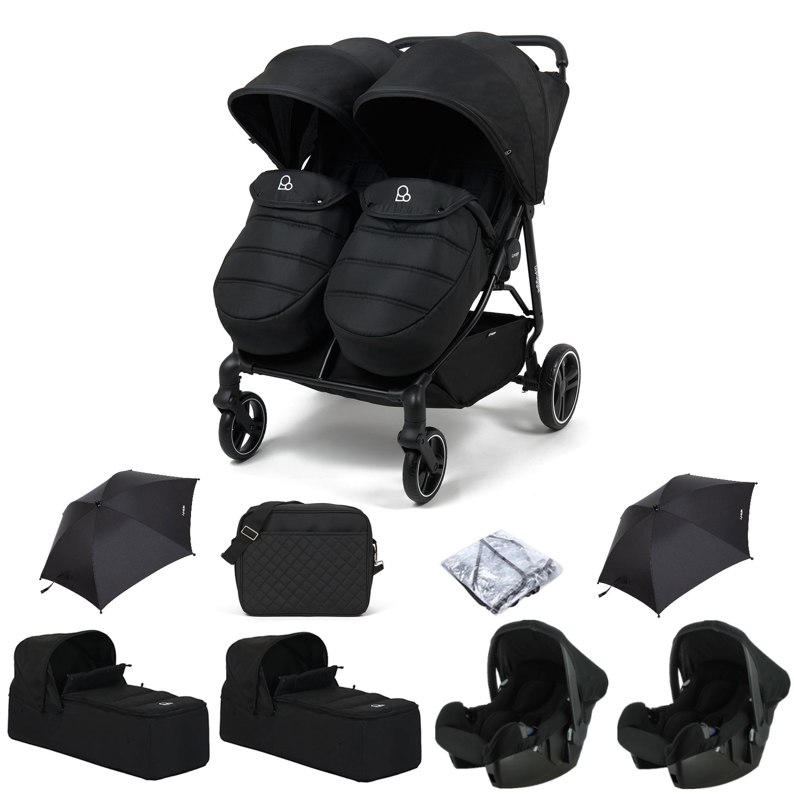 Puggle Urban City Easyfold Twin Pushchair with Footmuffs, 2 Beone Car Seats, 2 Soft Carrycots, 2 Parasols & Changing Bag - Storm Black