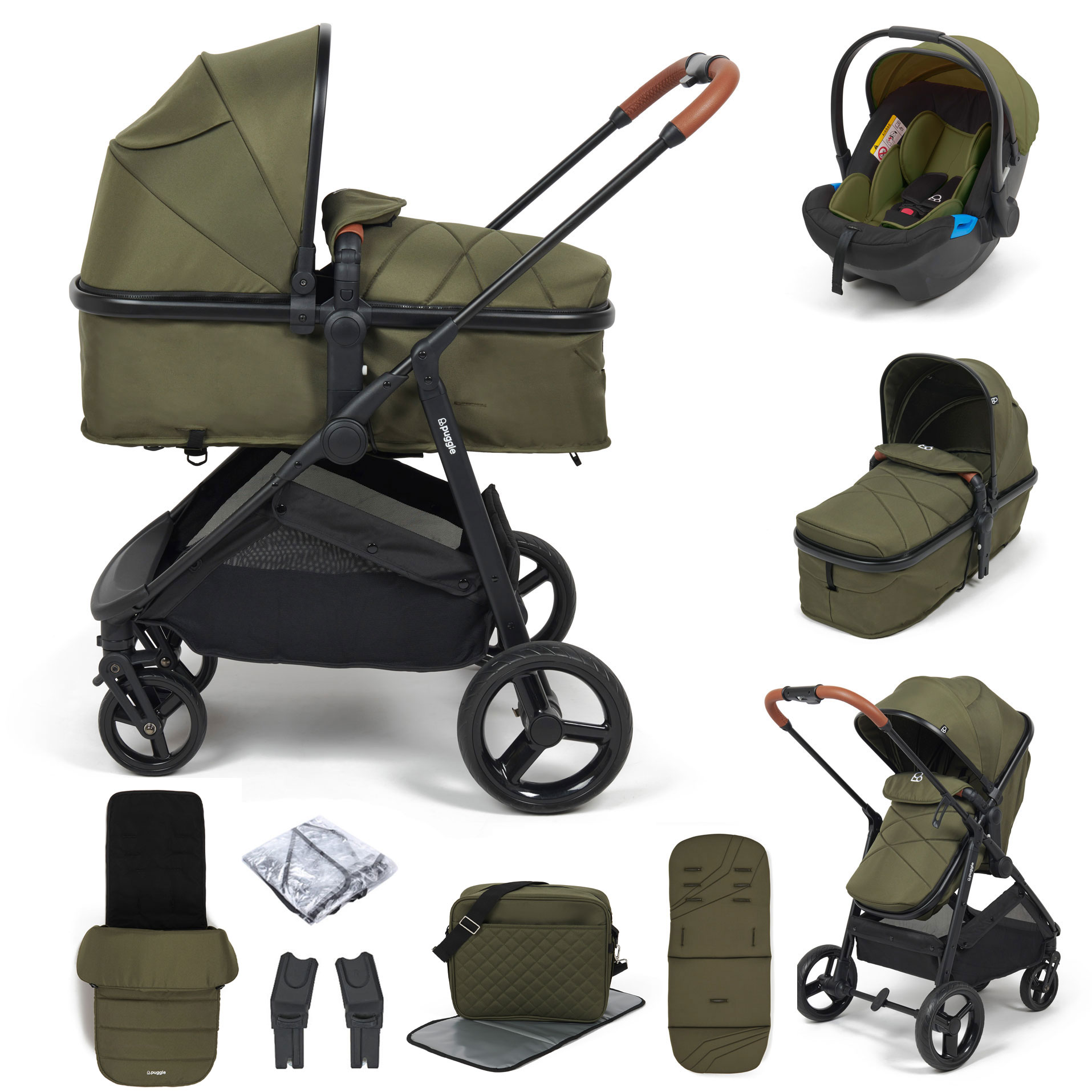 Puggle Monaco XT 2in1 Pushchair Travel System with Footmuff & Bag - Forest Green