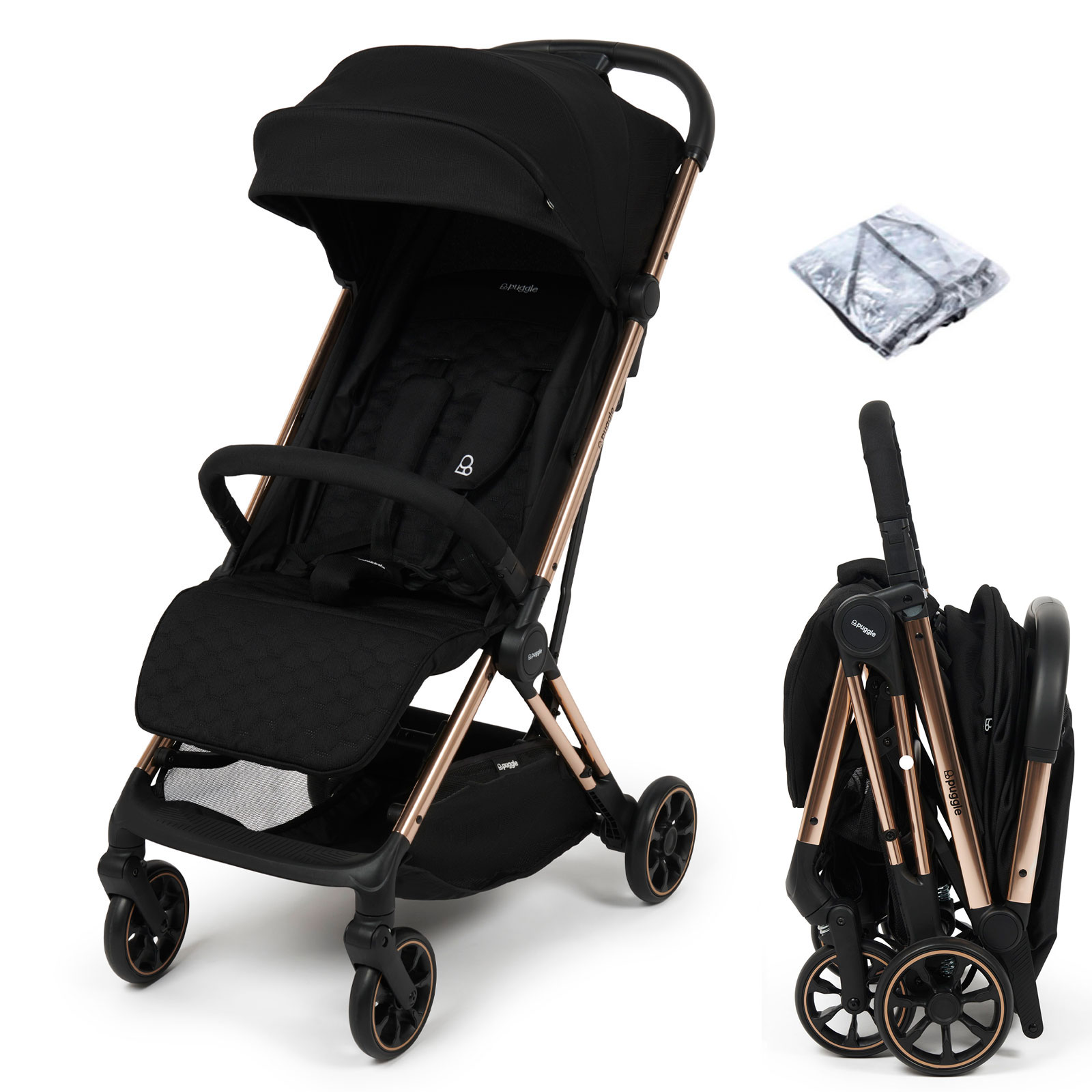 Puggle Escape Auto Quickfold Luxe Special Edition Compact Pushchair & Raincover - Midnight Black
