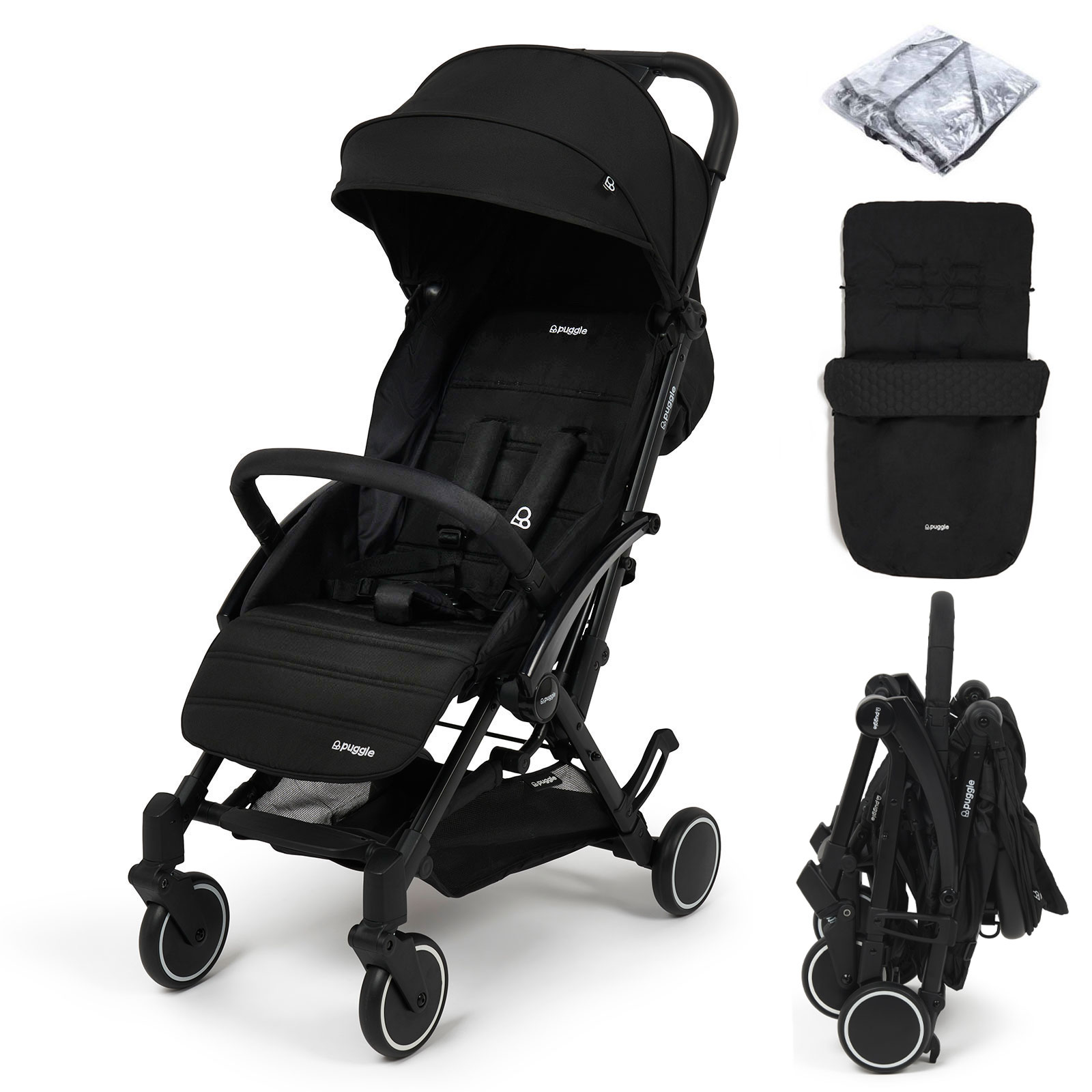Puggle Seattle Fold & Go Compact Pushchair & Raincover With Honeycomb Footmuff - Midnight Black