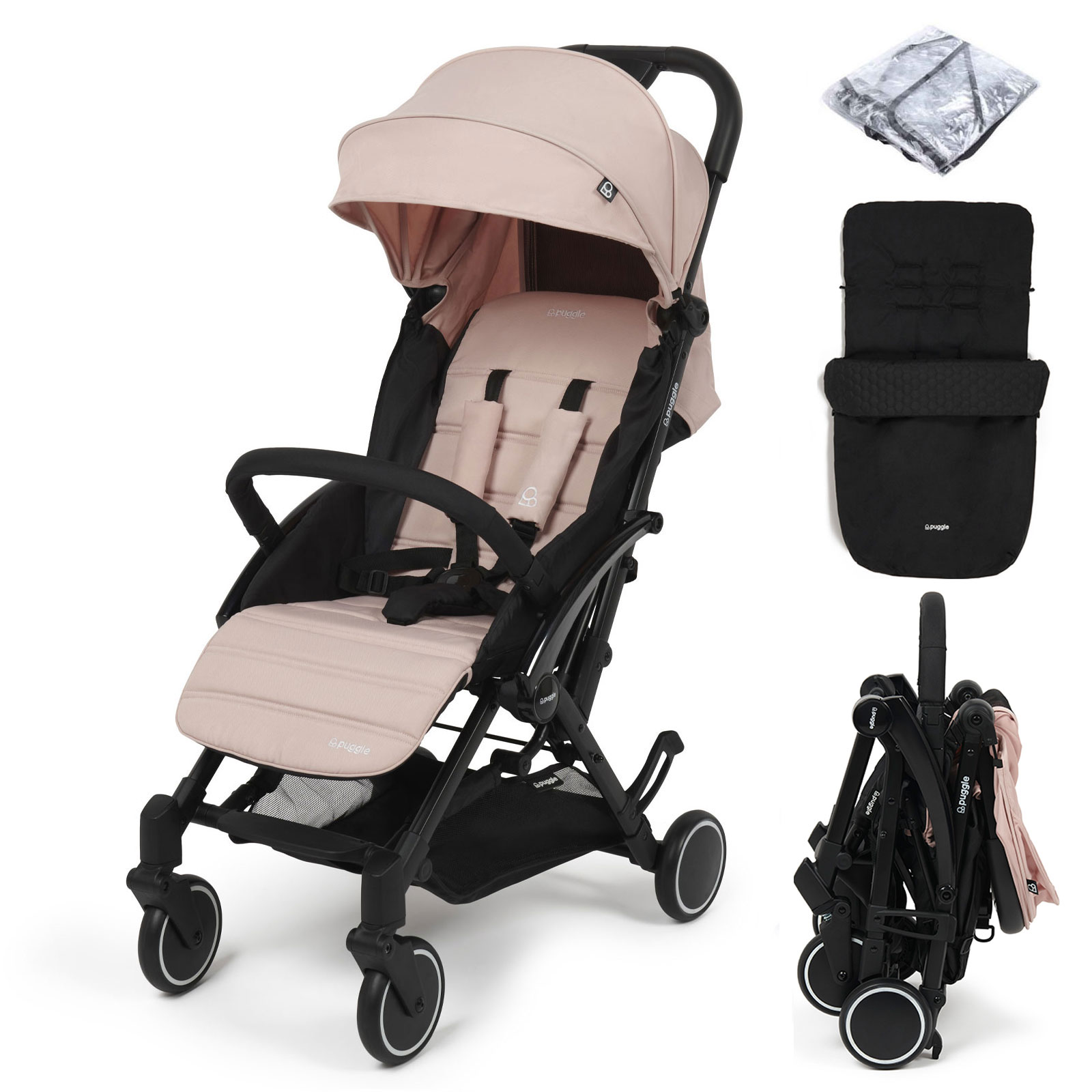 Puggle Seattle Fold & Go Compact Pushchair & Raincover With Honeycomb Footmuff - Blush Pink