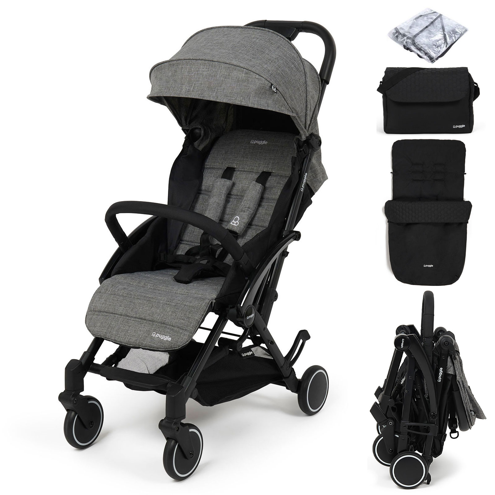 Puggle Seattle Fold & Go Compact Pushchair & Raincover With Honeycomb Footmuff & Changing Bag - Graphite Grey
