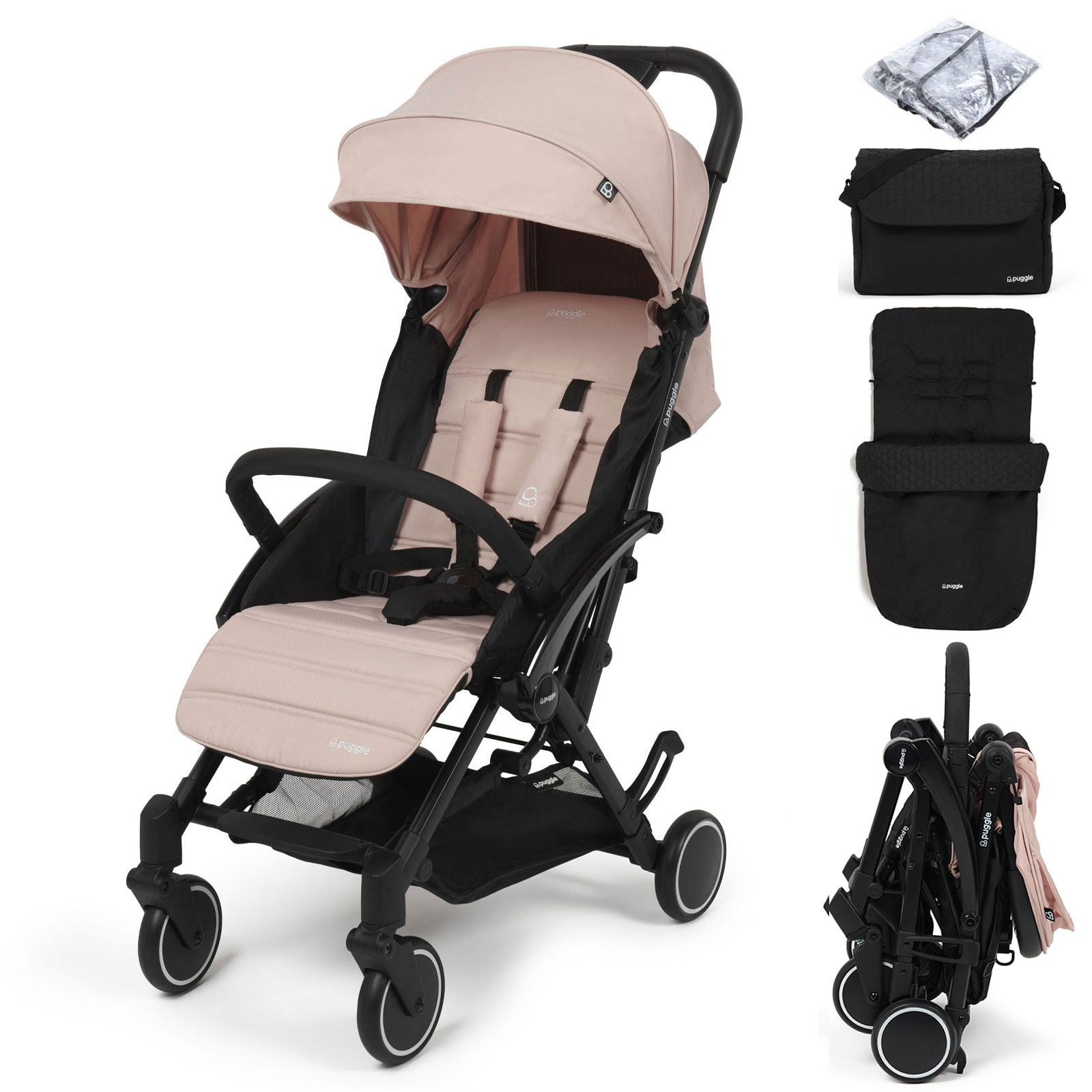 Puggle Seattle Fold & Go Compact Pushchair & Raincover With Honeycomb Footmuff & Changing Bag - Blush Pink