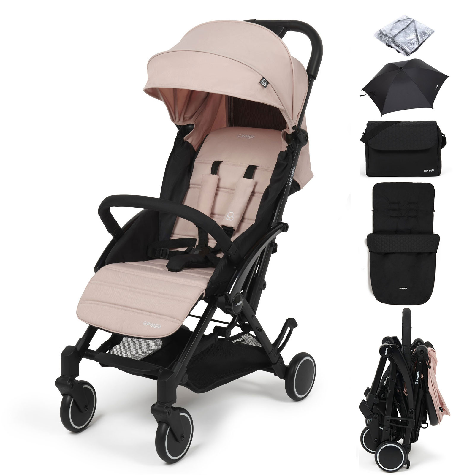 Puggle Seattle Fold & Go Compact Pushchair & Raincover With Honeycomb Footmuff, Changing Bag & Parasol - Blush Pink