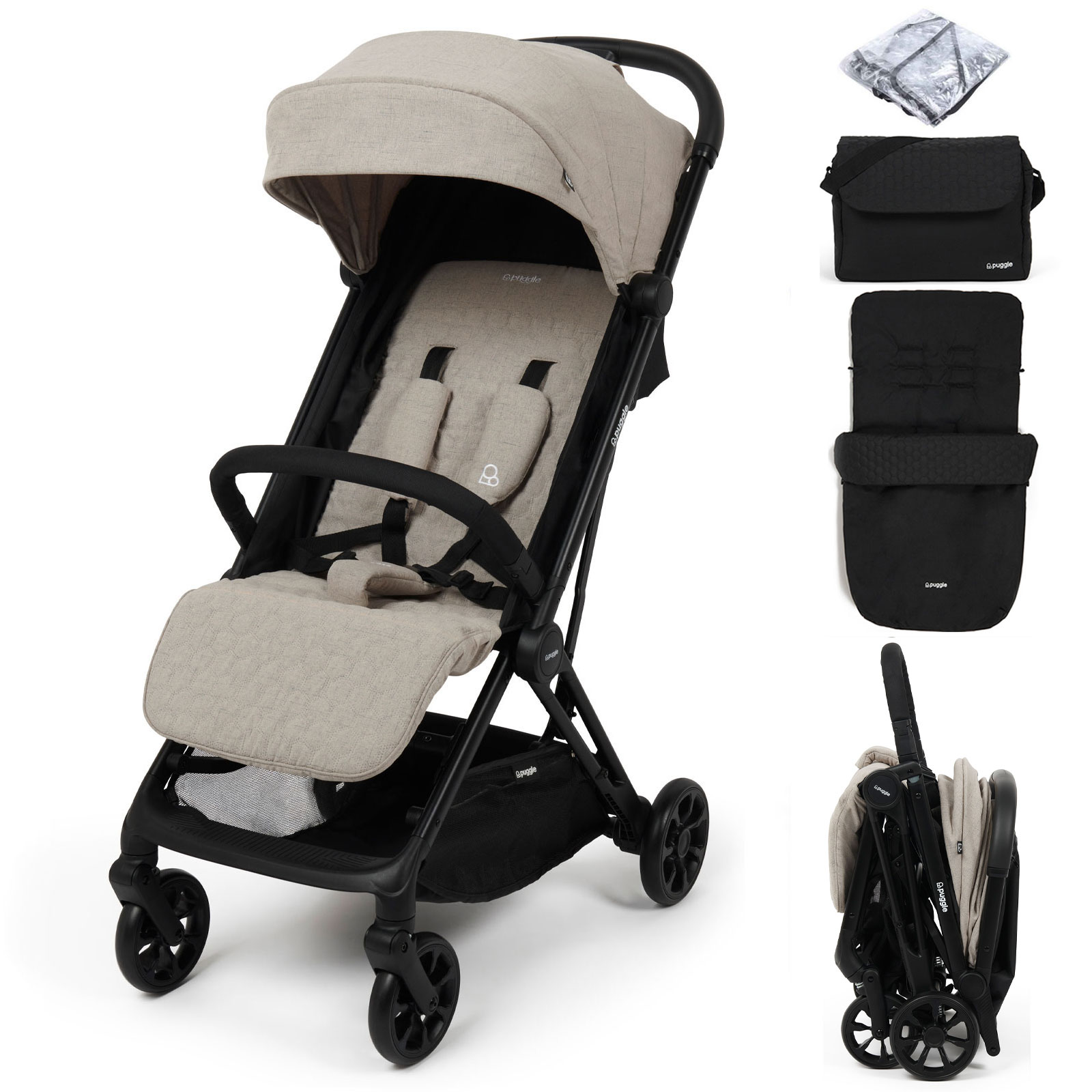 Puggle Escape Auto Quickfold Compact Pushchair With Raincover, Honeycomb Footmuff & Changing Bag - Cashmere