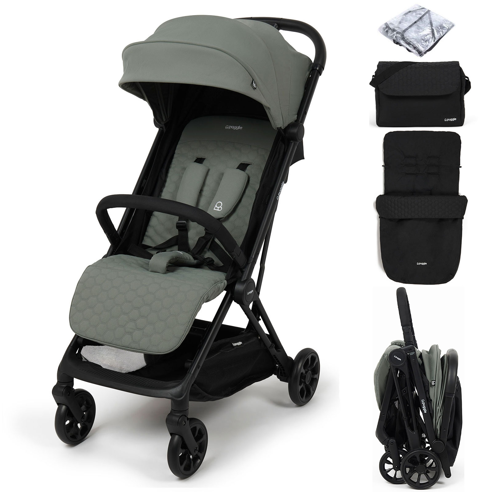 Puggle Escape Auto Quickfold Compact Pushchair With Raincover, Honeycomb Footmuff & Changing Bag - Seagrass Green