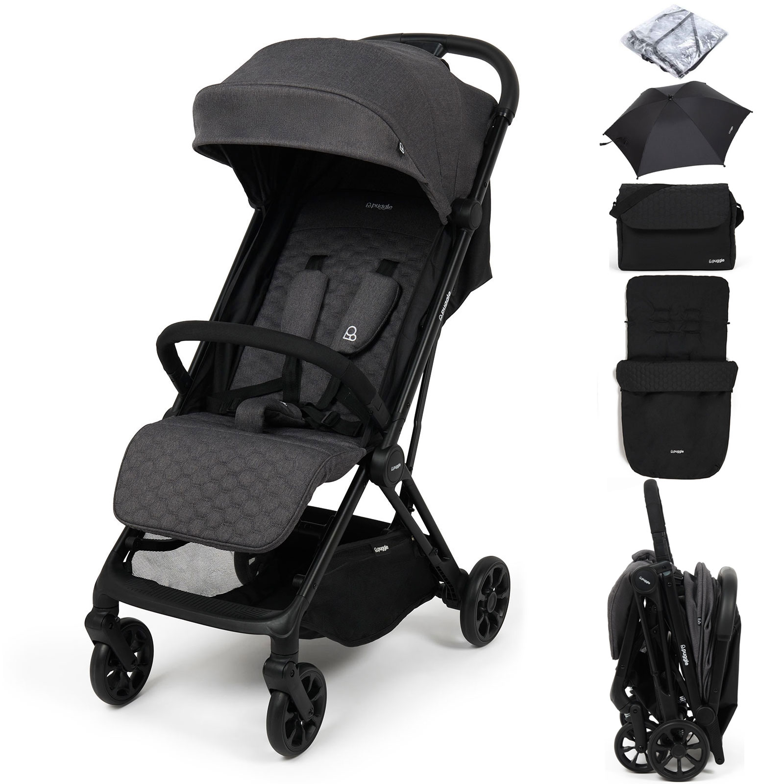 Puggle Escape Auto Quickfold Compact Pushchair With Raincover, Honeycomb Footmuff, Changing Bag & Parasol - Platinum Grey