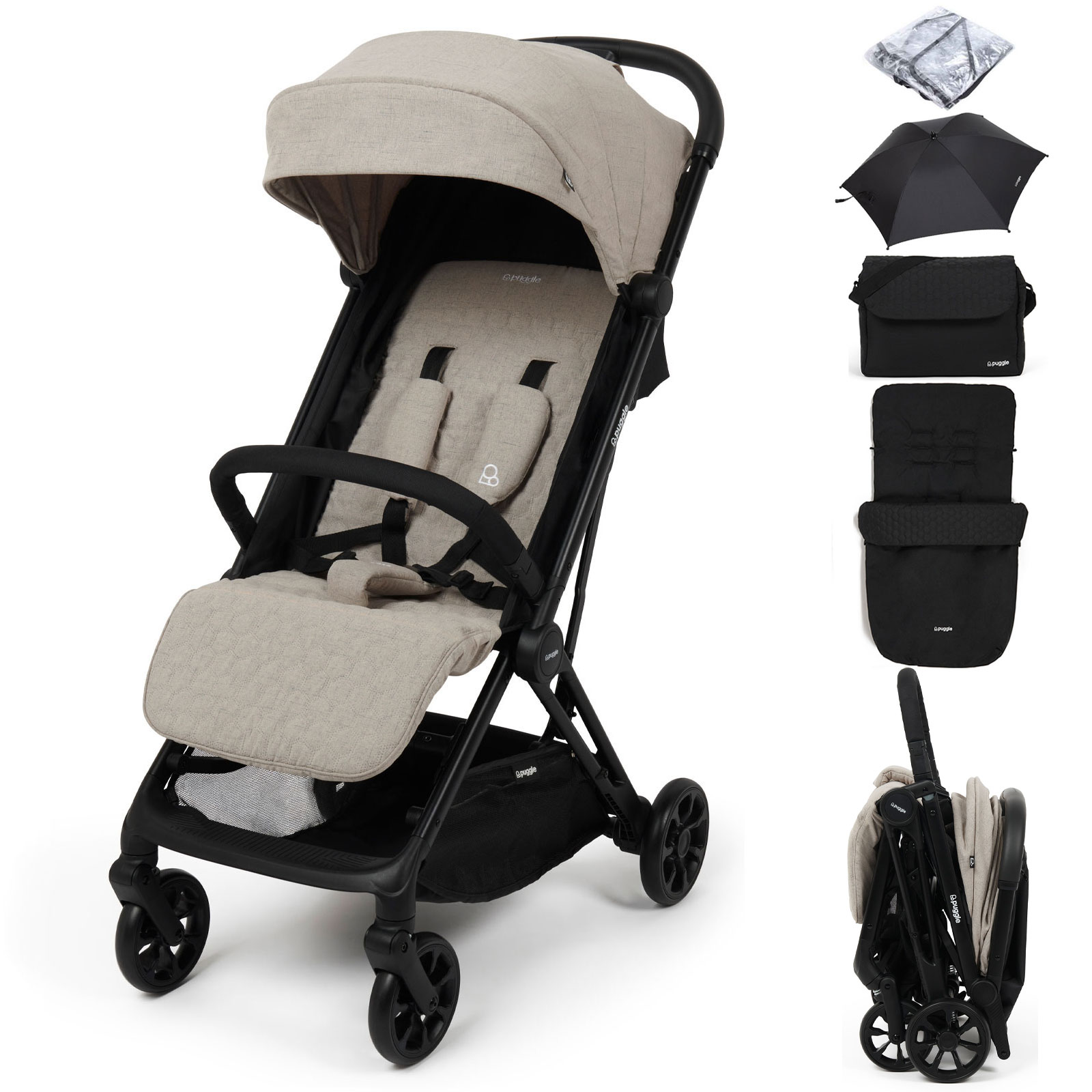 Puggle Escape Auto Quickfold Compact Pushchair With Raincover, Honeycomb Footmuff, Changing Bag & Parasol - Cashmere