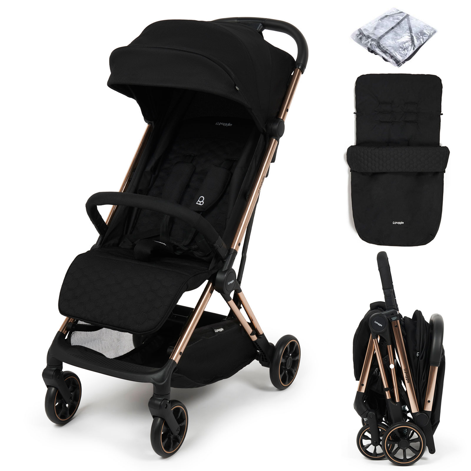Puggle Escape Auto Quickfold Luxe Special Edition Compact Pushchair With Raincover & Honeycomb Footmuff - Midnight Black